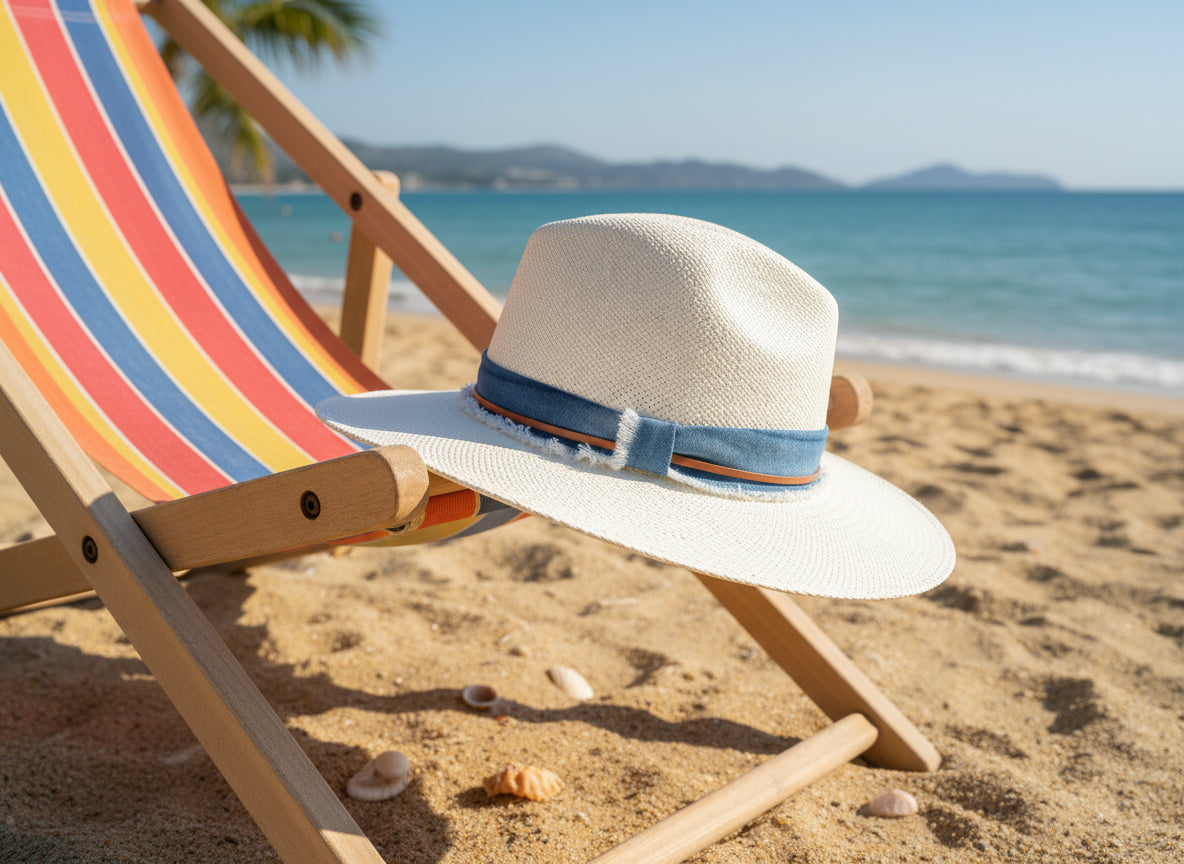 White straw hat with a blue band on a white background