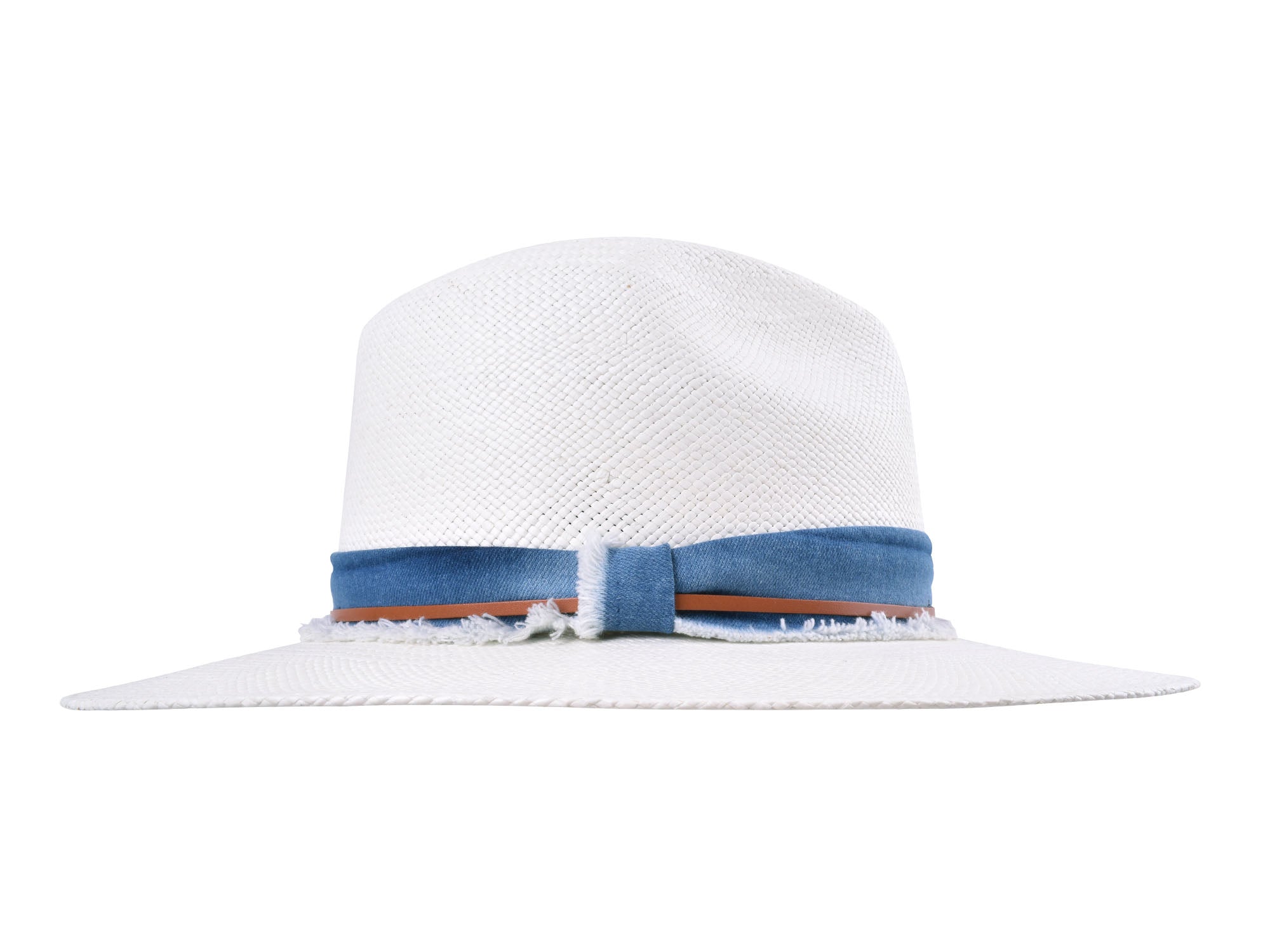 White straw hat with a blue band on a white background