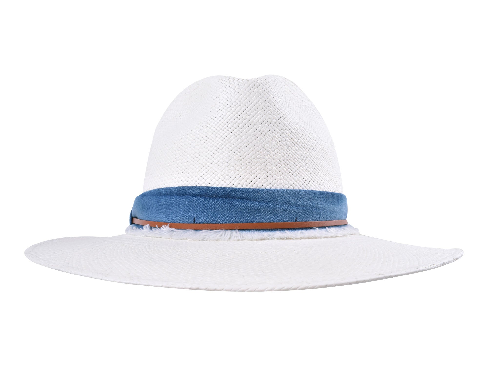White straw hat with a blue band on a white background