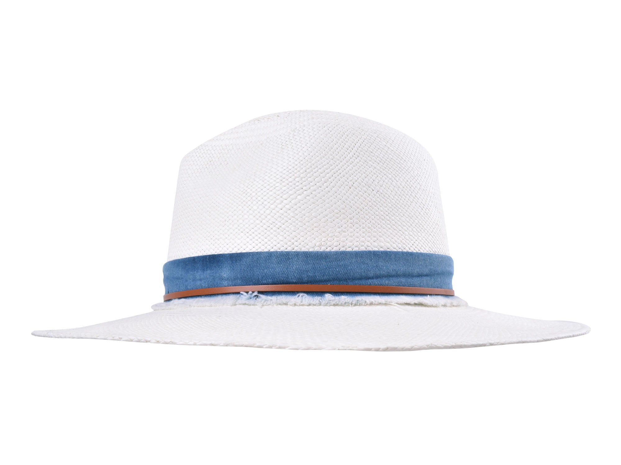 White straw hat with a blue band on a white background