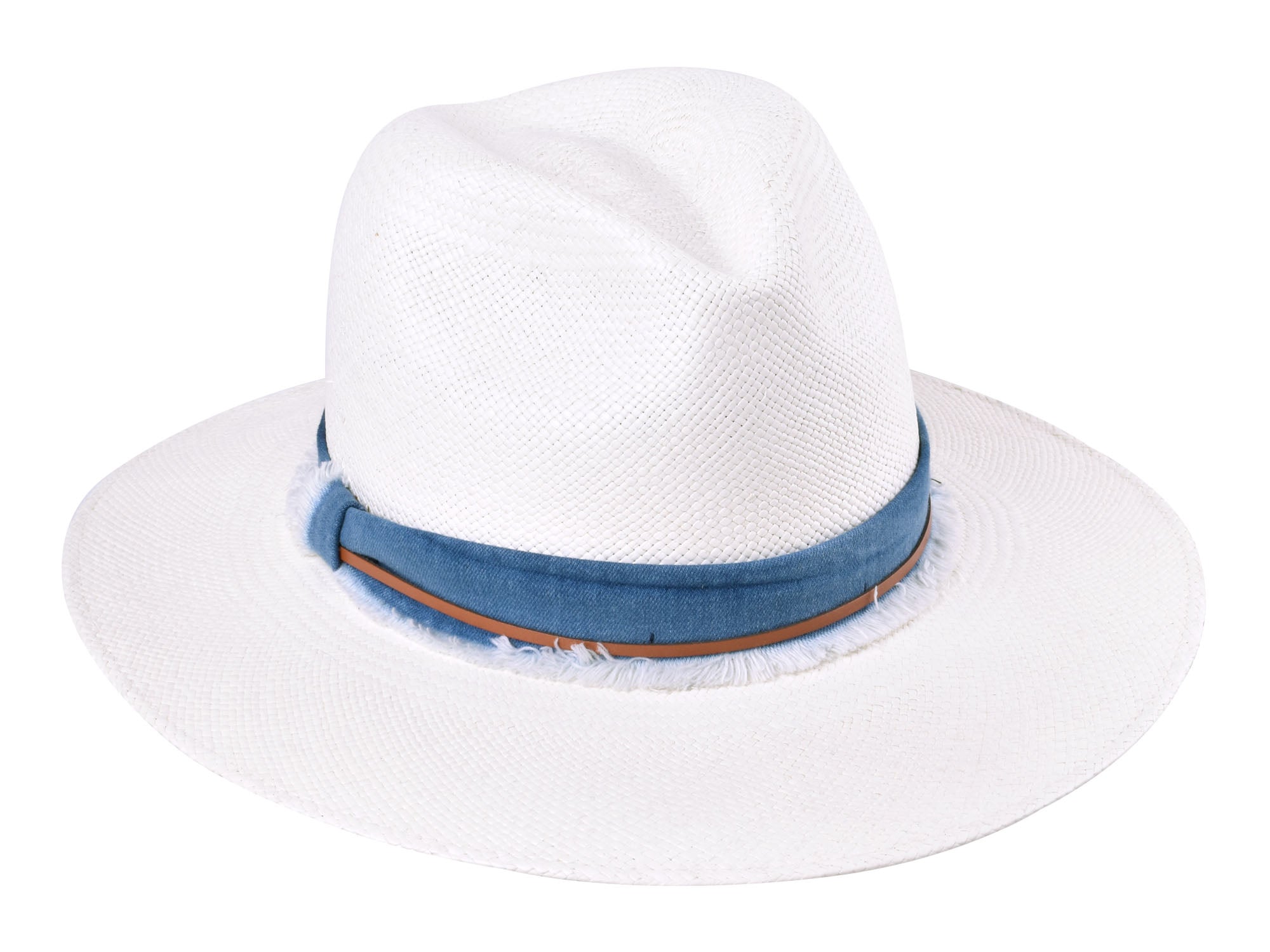 White fedora hat with a blue band on a white background