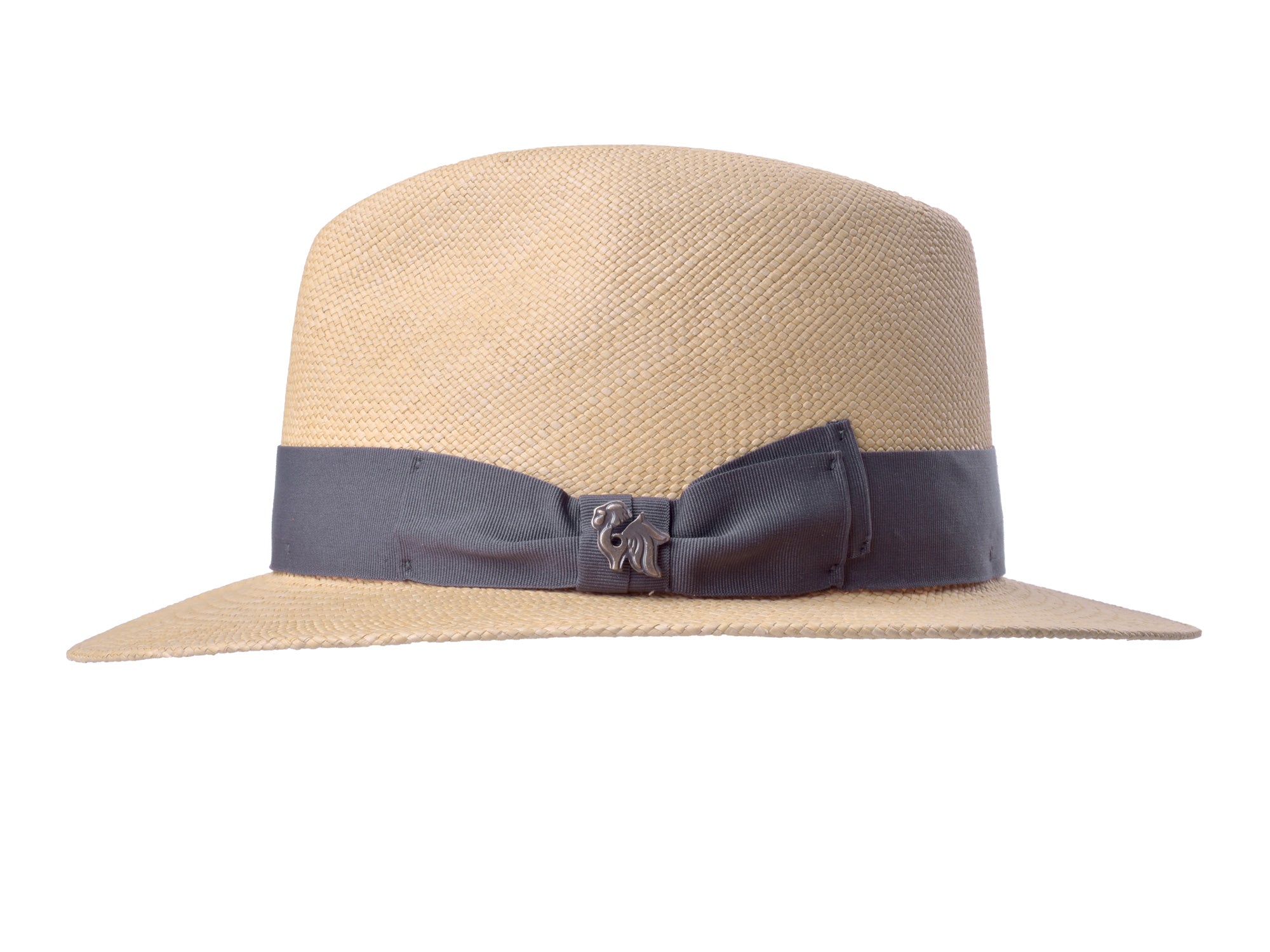 Beige straw hat with a navy band on a white background