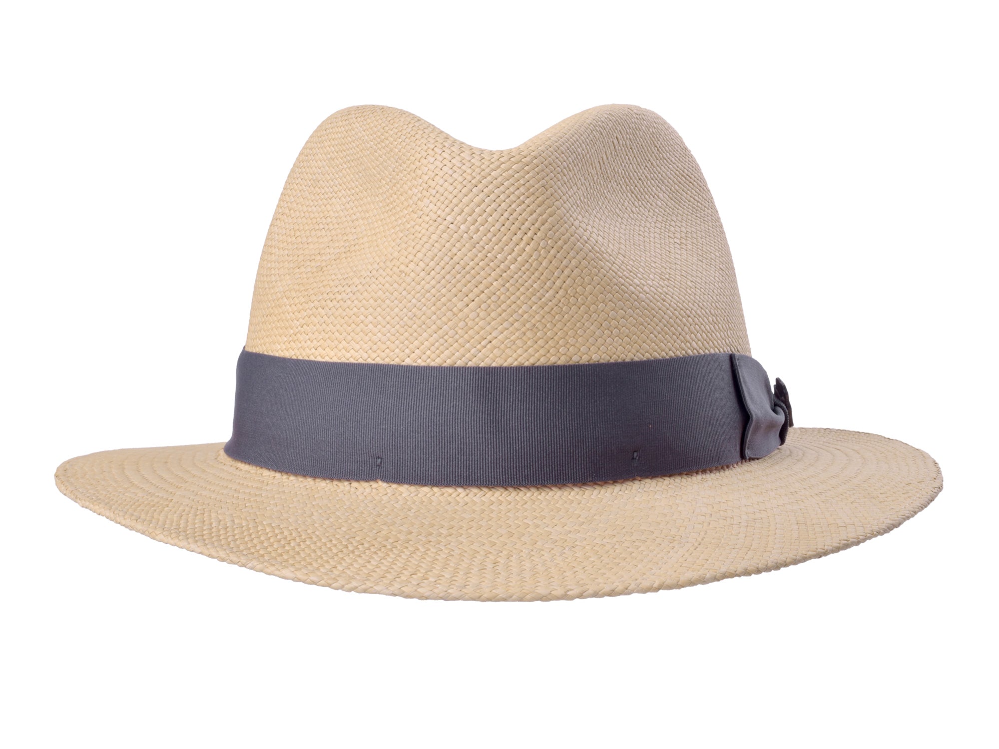 Beige straw hat with a dark band on a white background