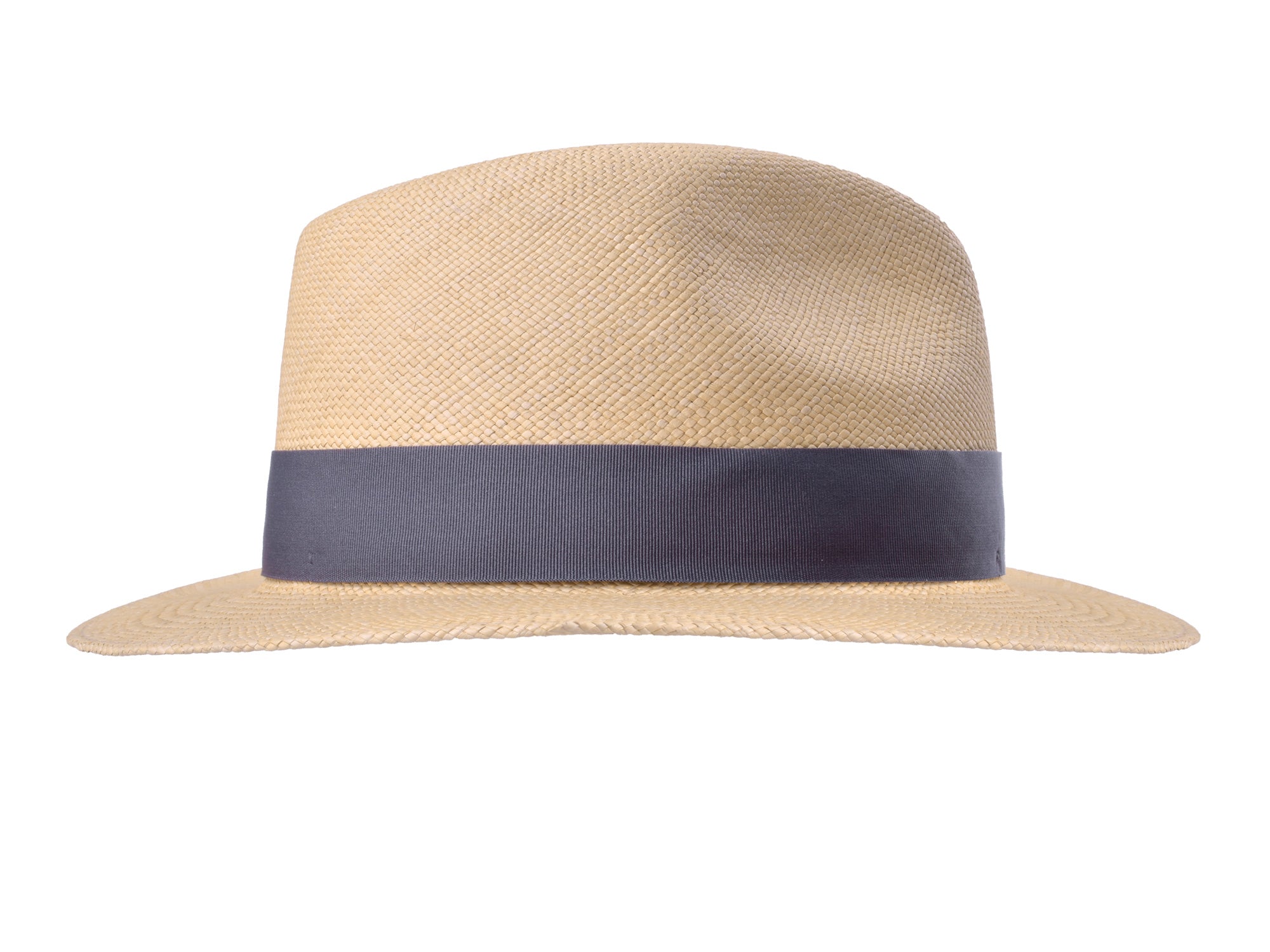 Beige straw hat with a navy band on a white background