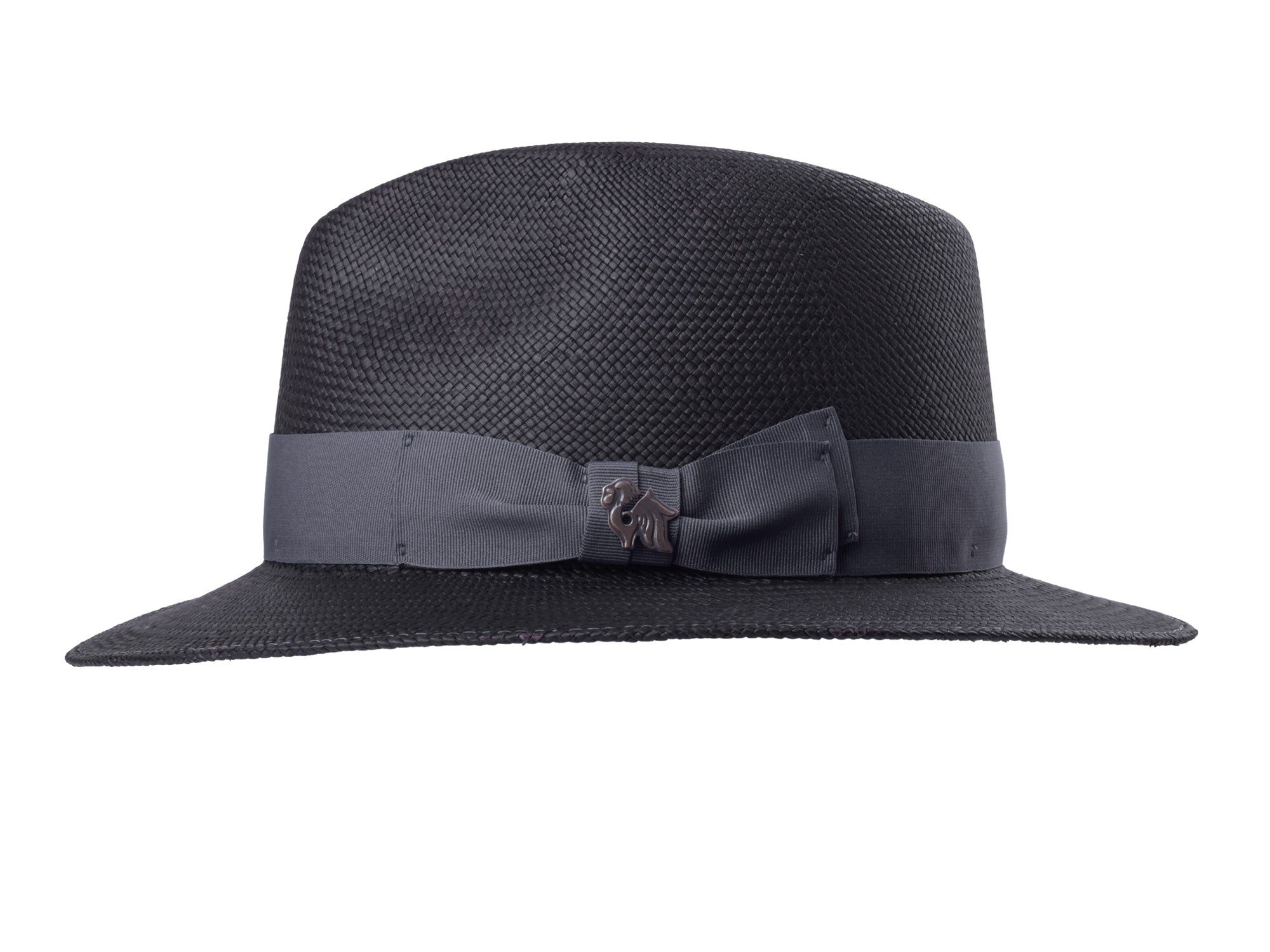 Black straw hat with a gray band and bow on a white background