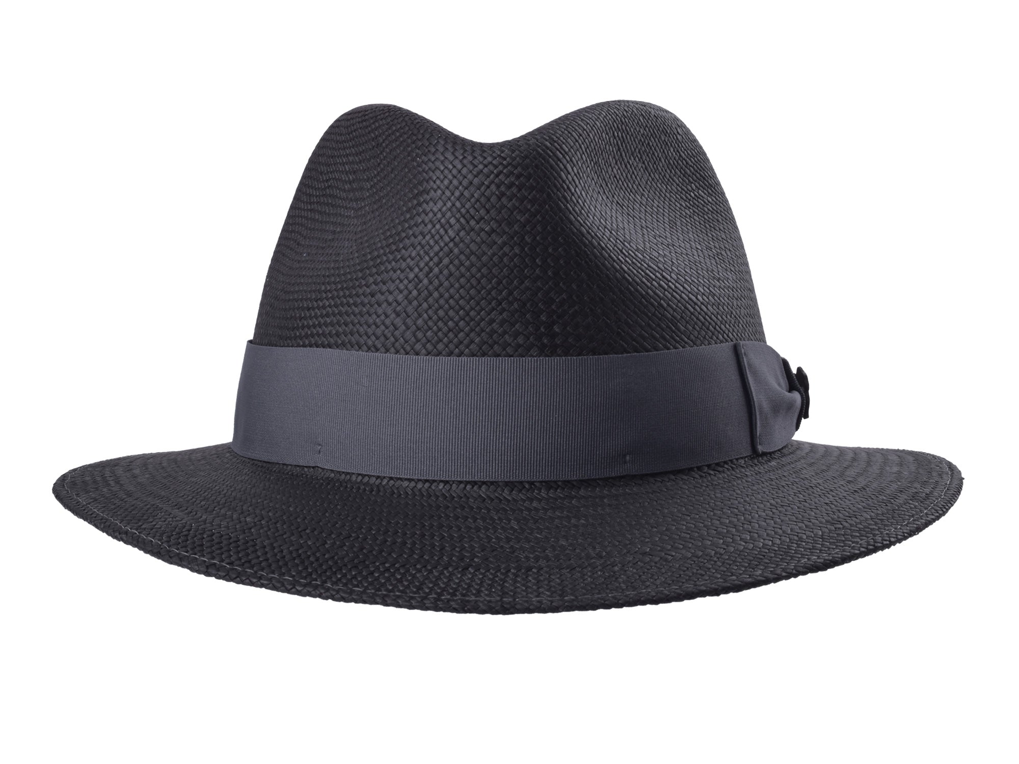 Black straw hat with a band on a white background