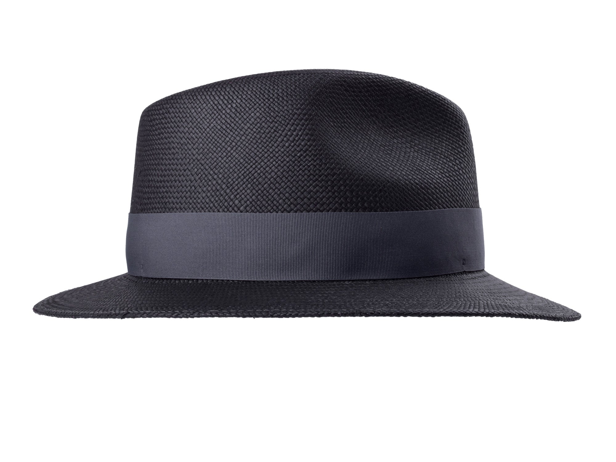 Black straw hat with a band on a white background
