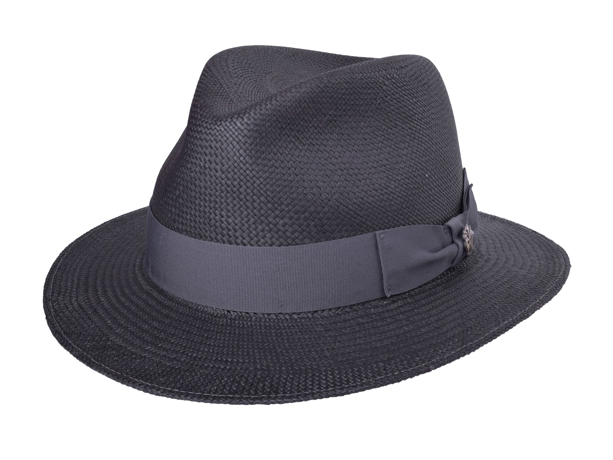 Black straw hat with a band on a white background