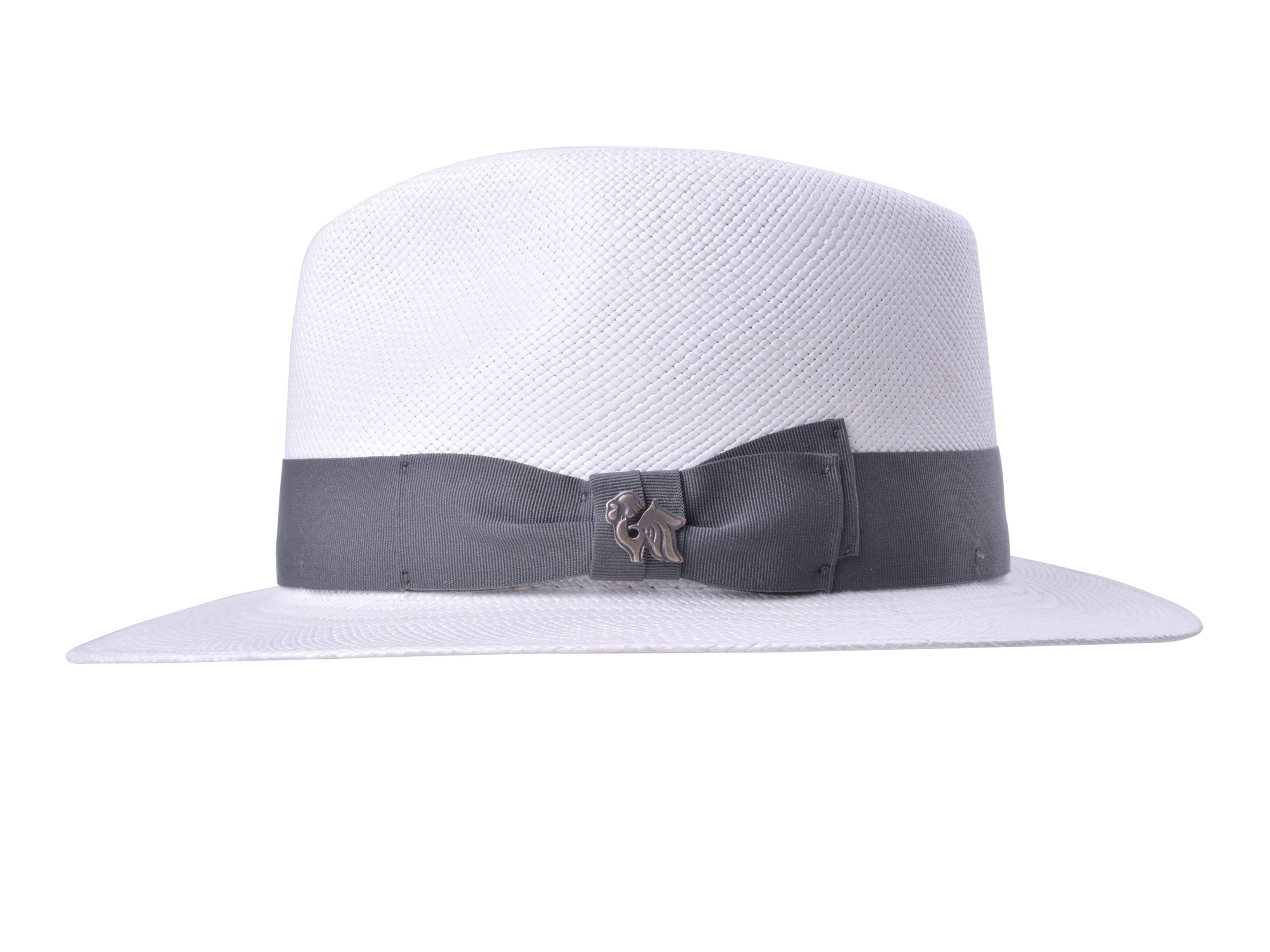 White straw hat with a gray band featuring a logo on a white background