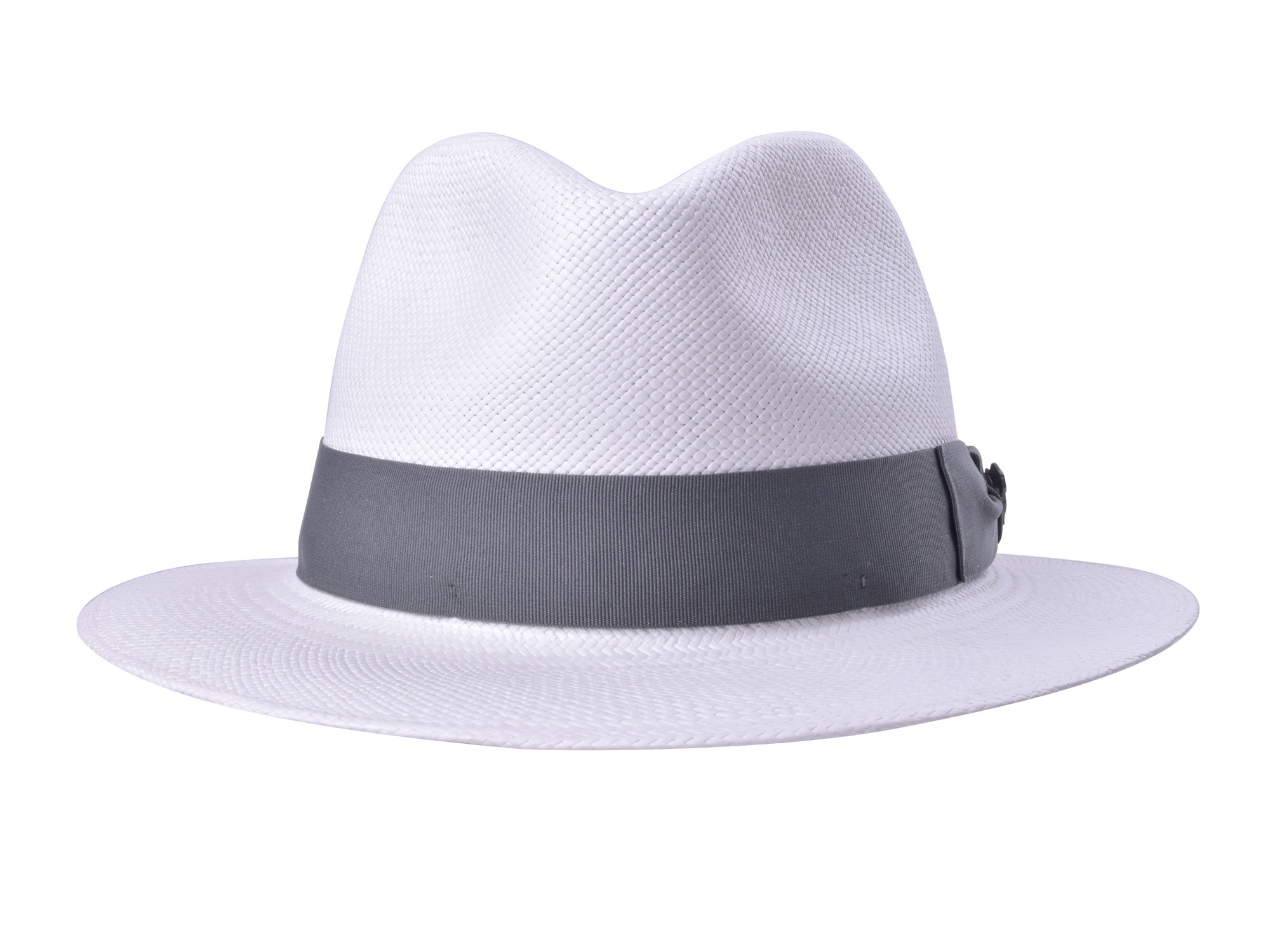 White fedora hat with a gray band on a white background