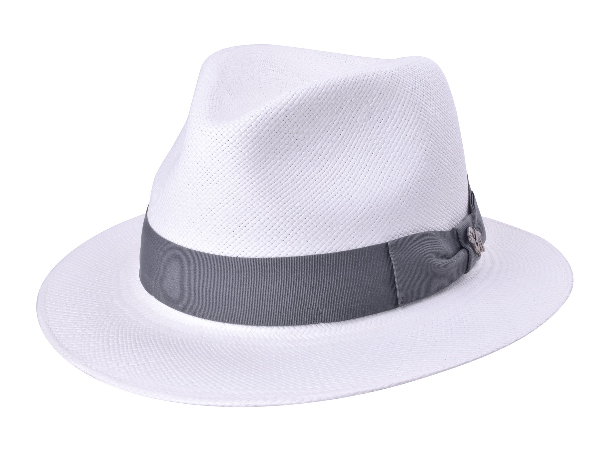 White fedora hat with a gray band on a white background