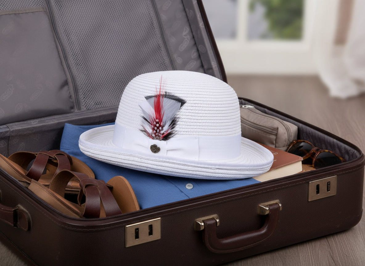 White straw hat with feather decoration on a white background