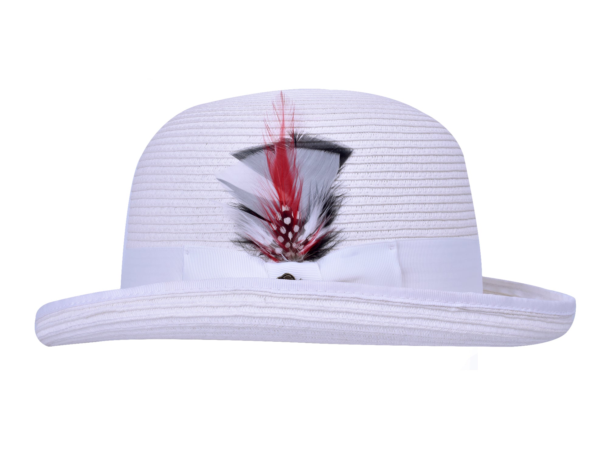 White straw hat with feather decoration on a white background
