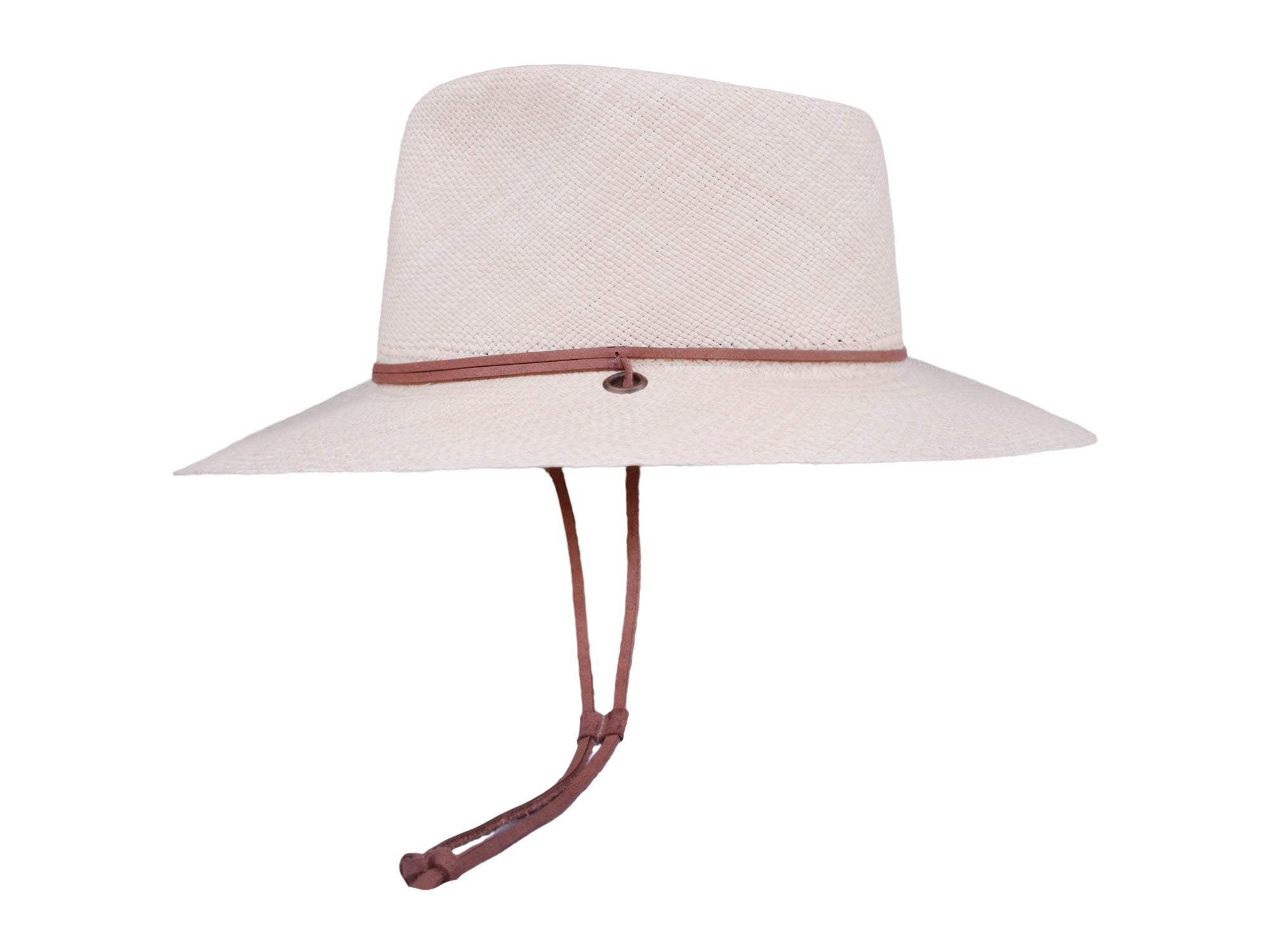 Beige wide-brimmed hat with a brown band on a white background