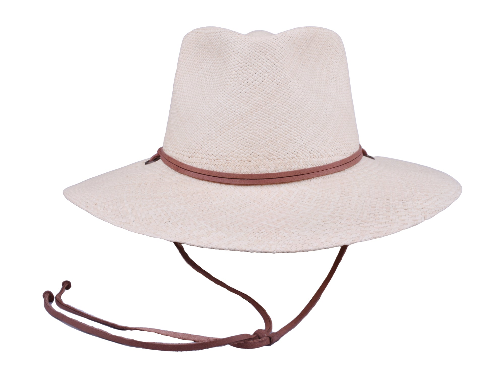 Beige straw hat with a brown band on a white background