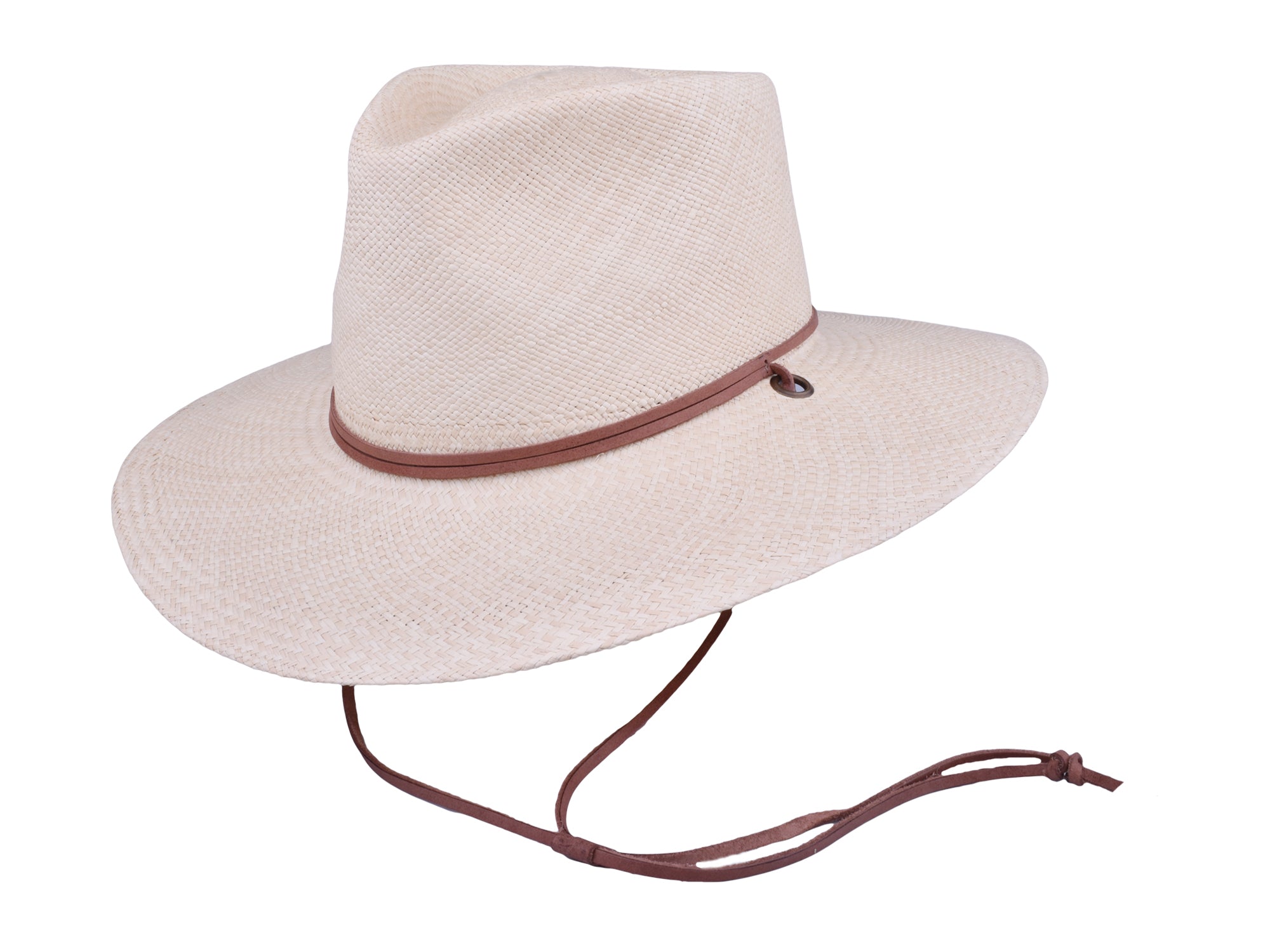 Beige wide-brimmed hat with a brown band and tie on a white background
