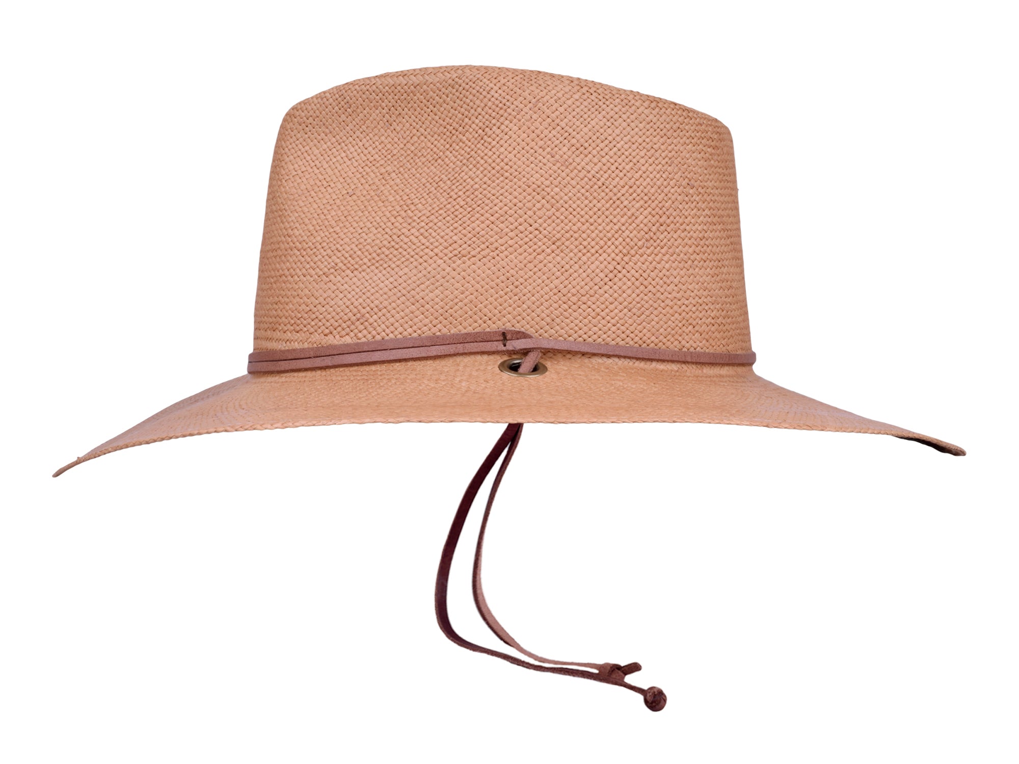 Beige straw hat with a brown band and tie on a white background