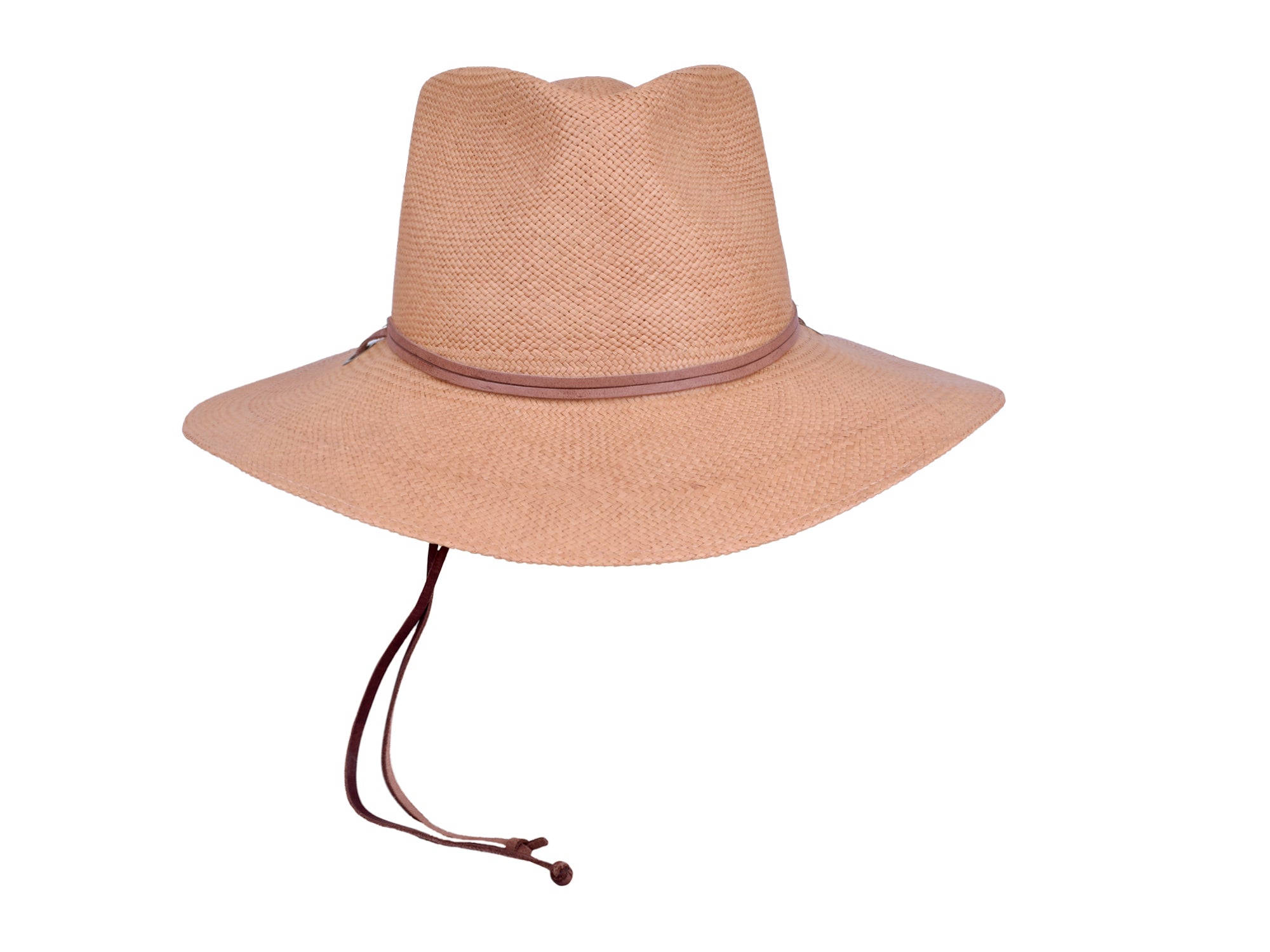 Beige straw hat with a brown band and tie on a white background