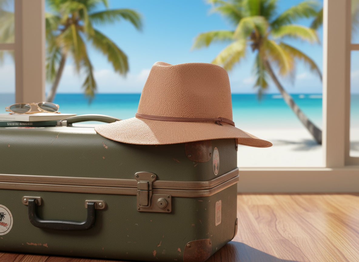 Beige straw hat with a brown band on a white background