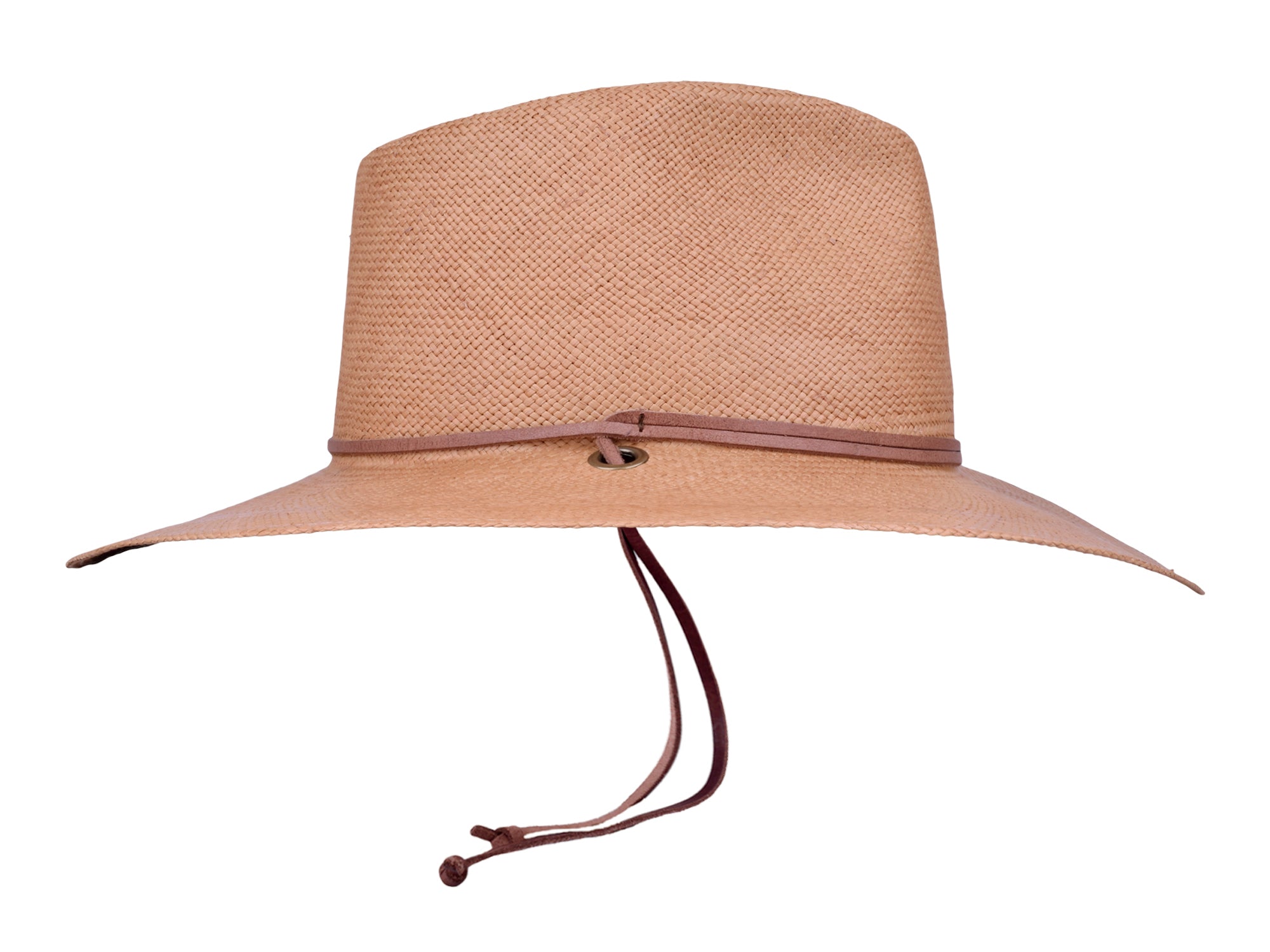 Beige straw hat with a brown band on a white background