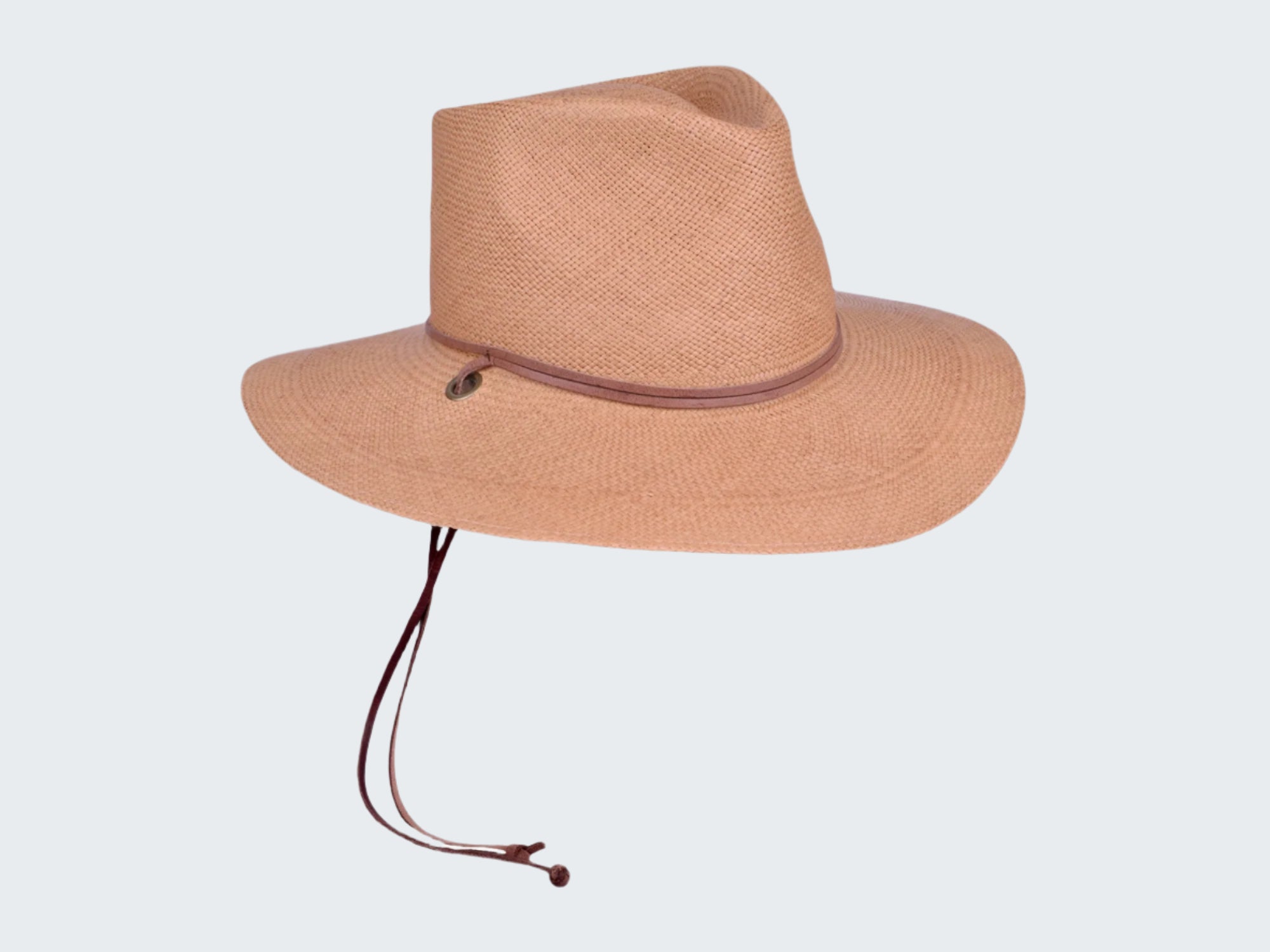 Beige wide-brimmed hat with a brown band on a white background