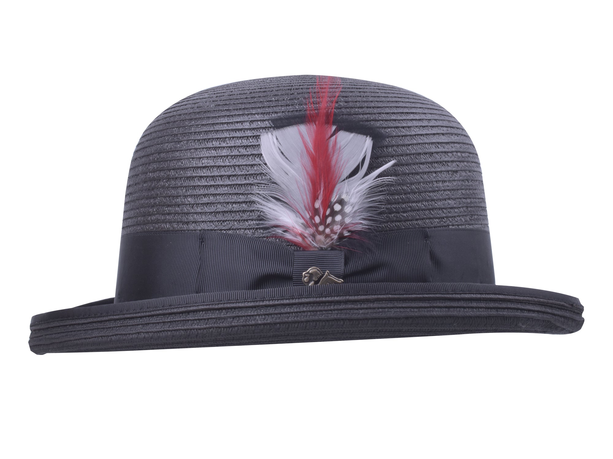 Navy straw hat with feather detail on a white background