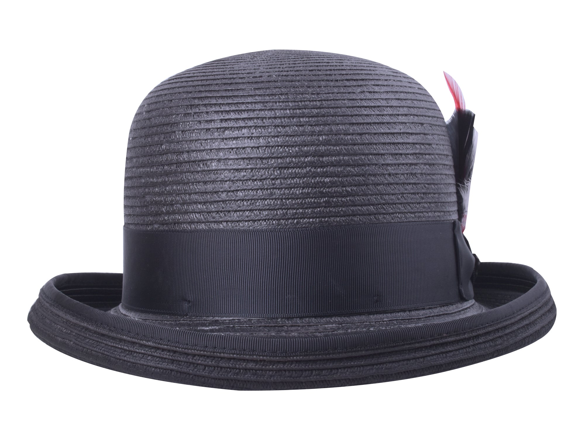 Black straw hat with a wide brim on a white background