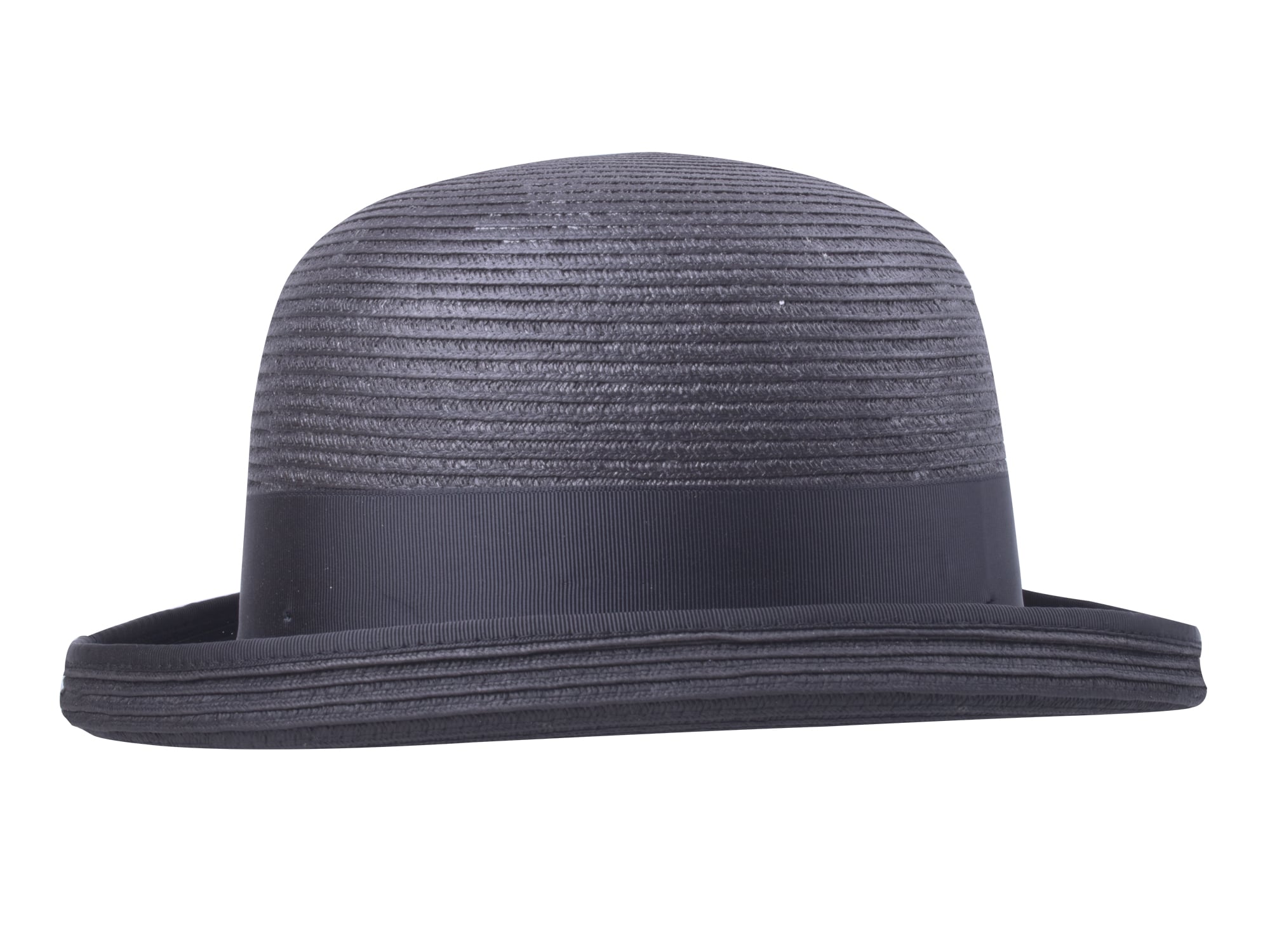 Gray straw hat with a black band on a white background