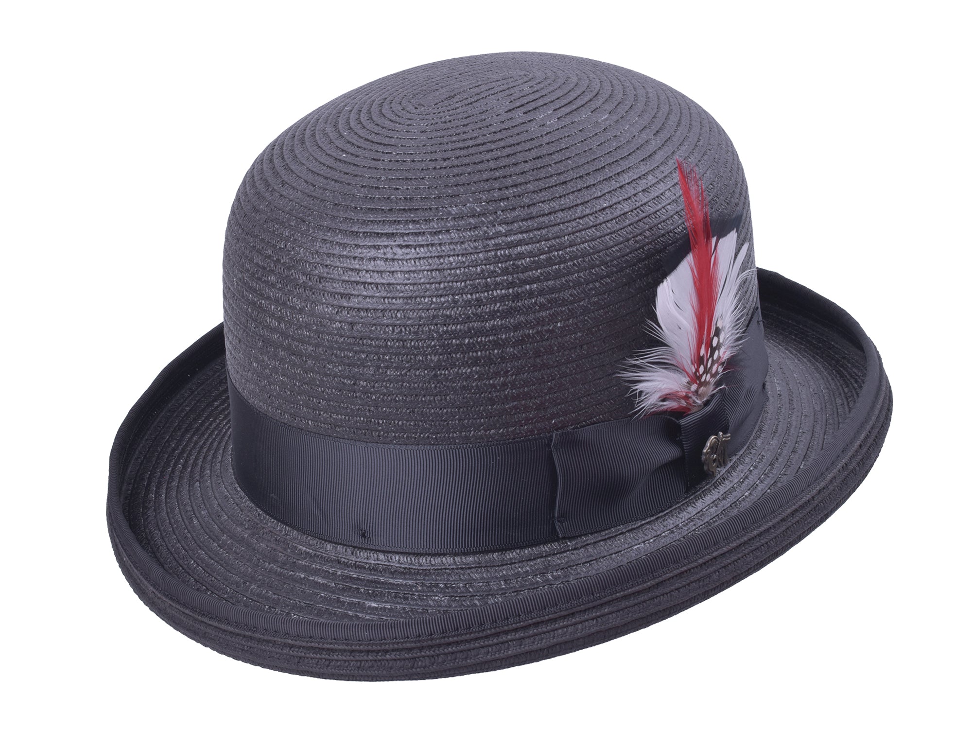 Black straw hat with a feather detail on a white background