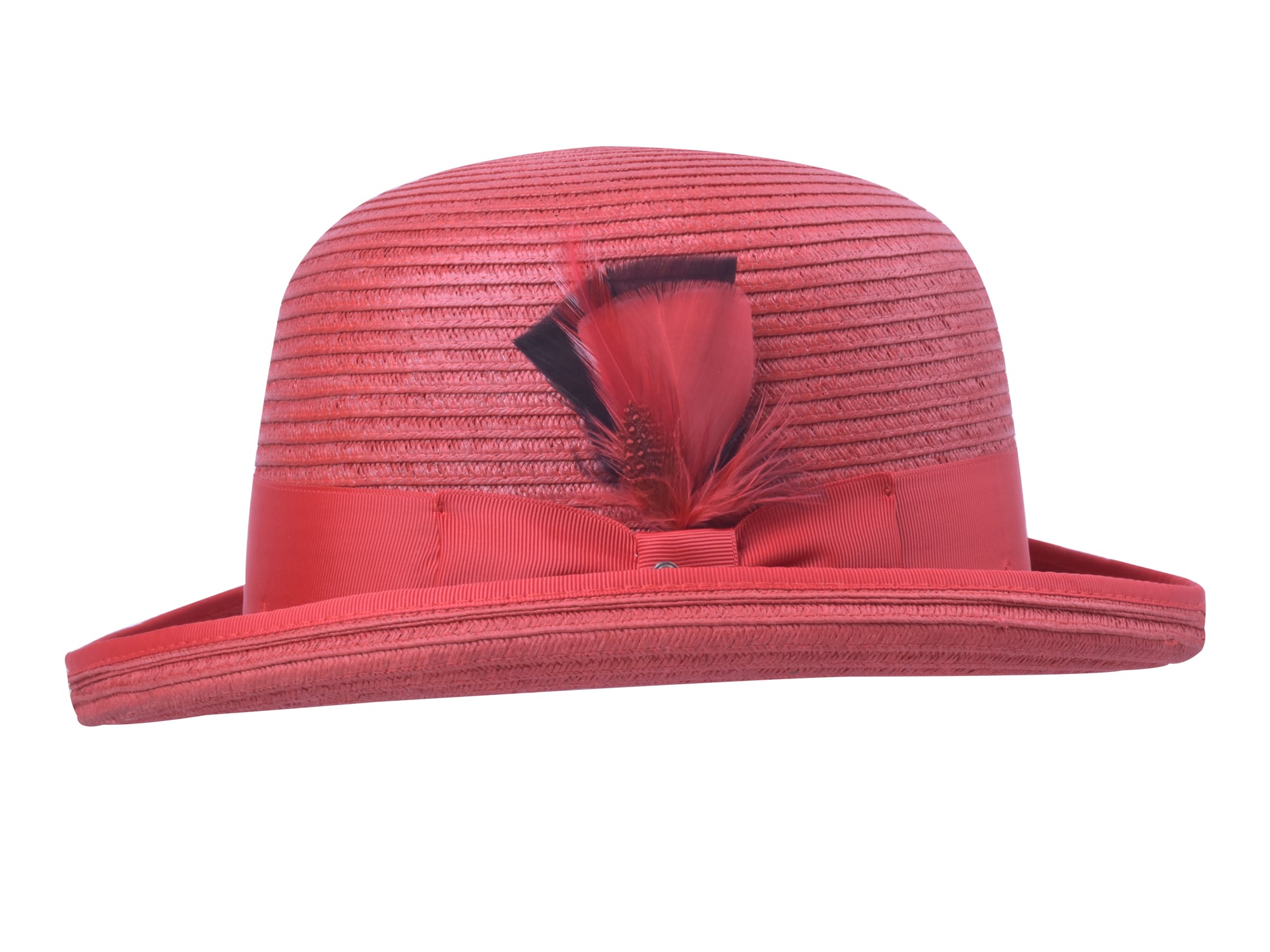 Red straw hat with a black bow on a white background