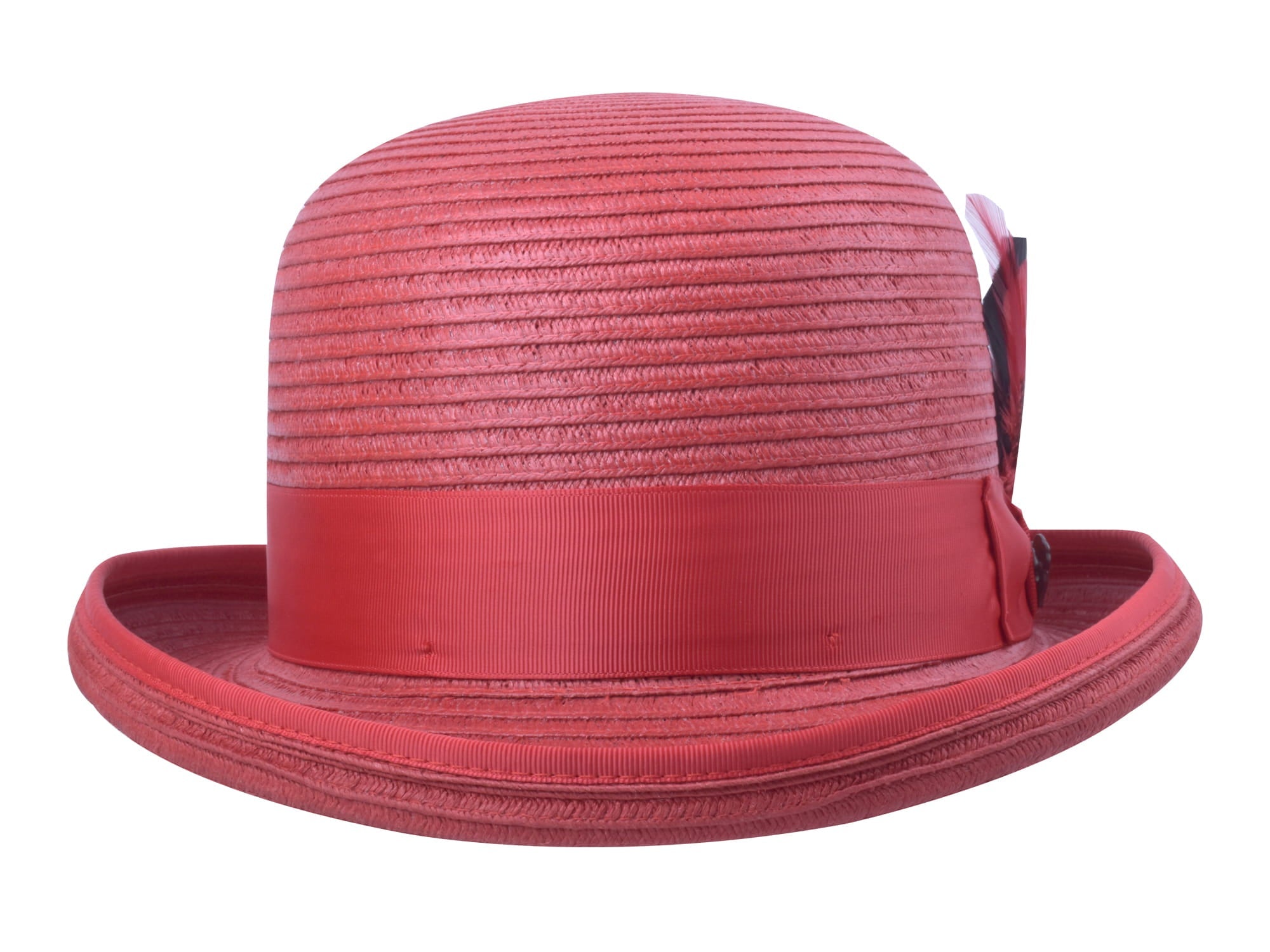 Red straw hat with a wide brim on a white background