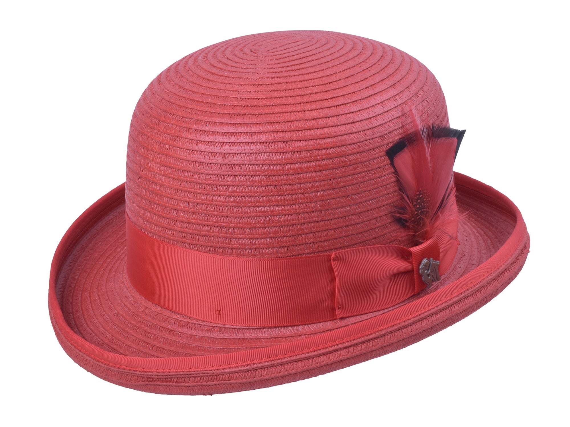 Red straw hat with a bow and feather on a white background