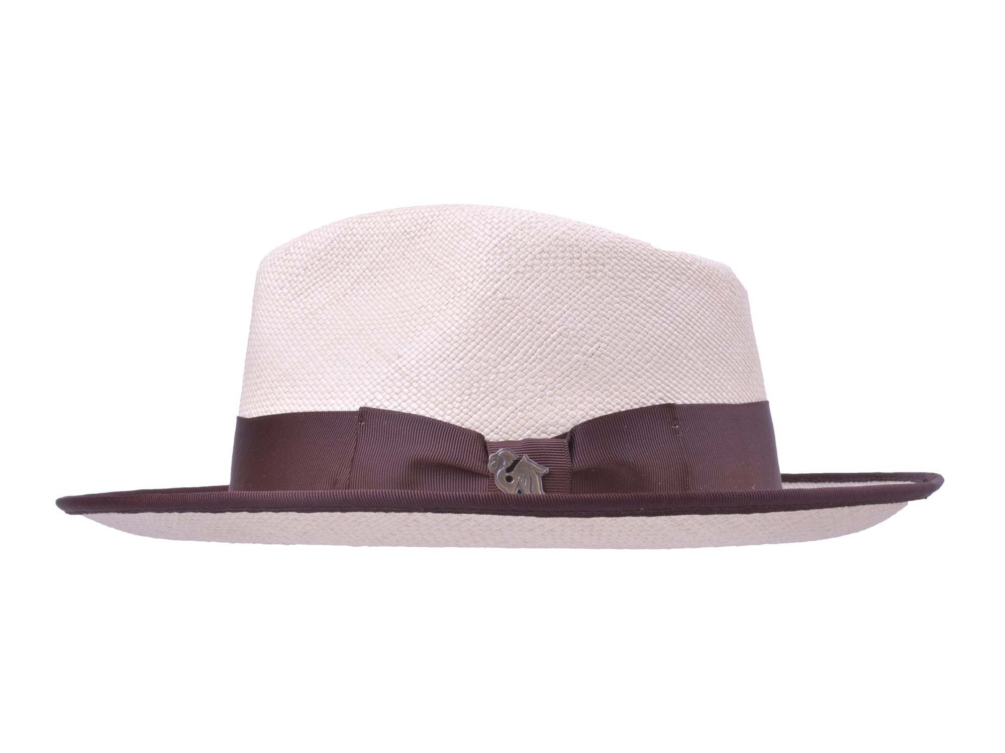 White straw hat with a brown band on a white background