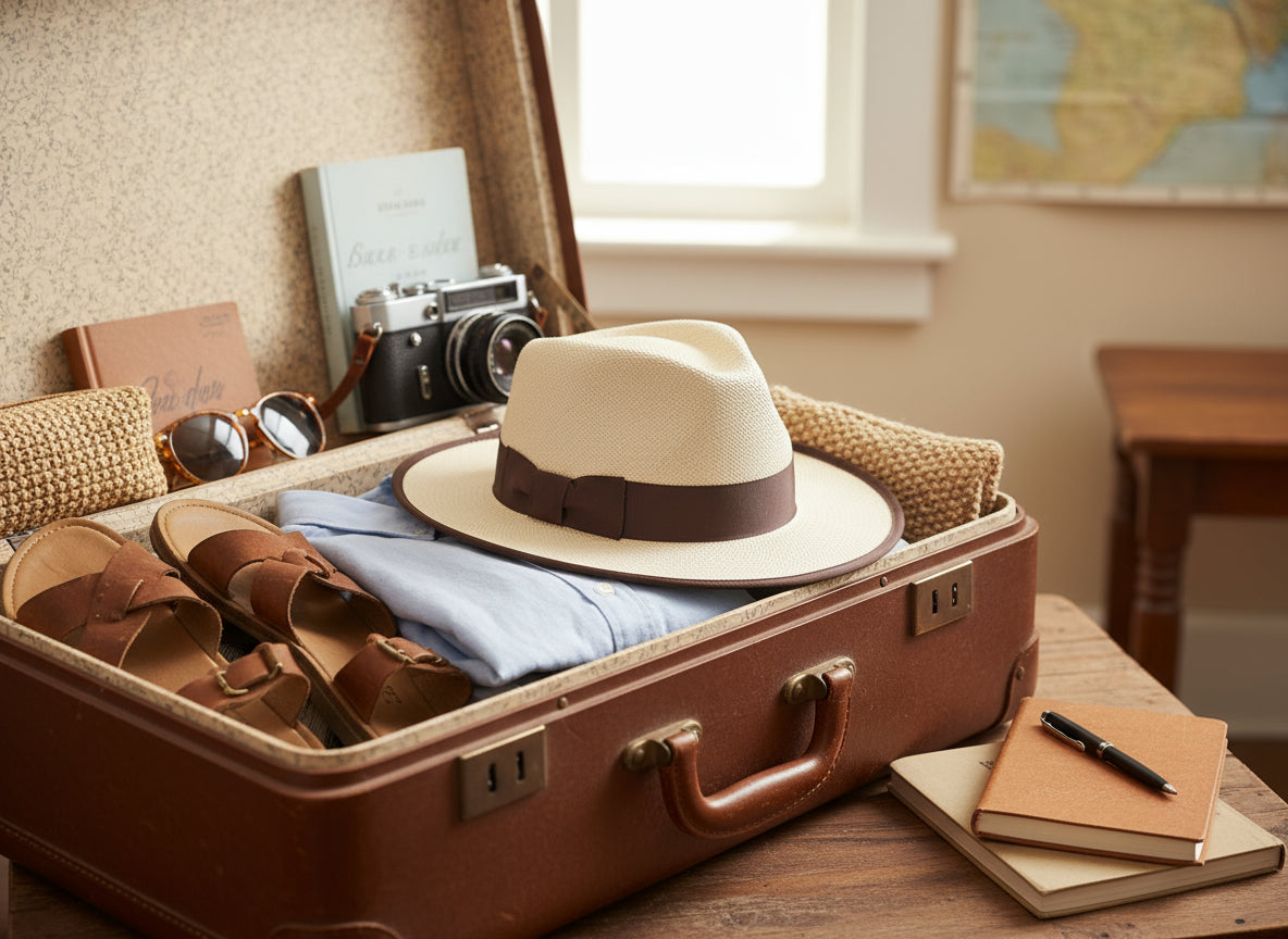 White straw hat with a brown band on a white background