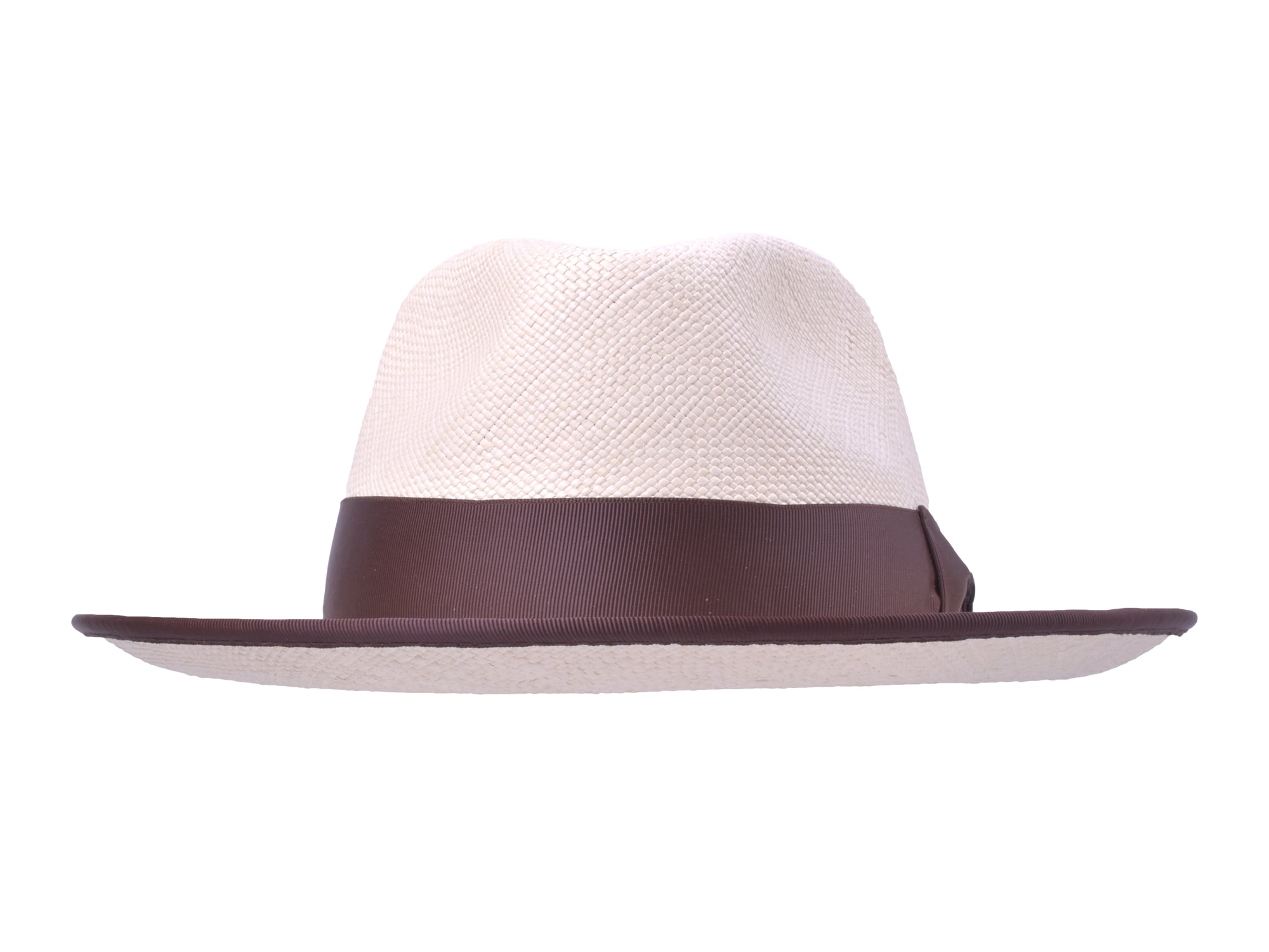 White straw hat with a brown band on a white background