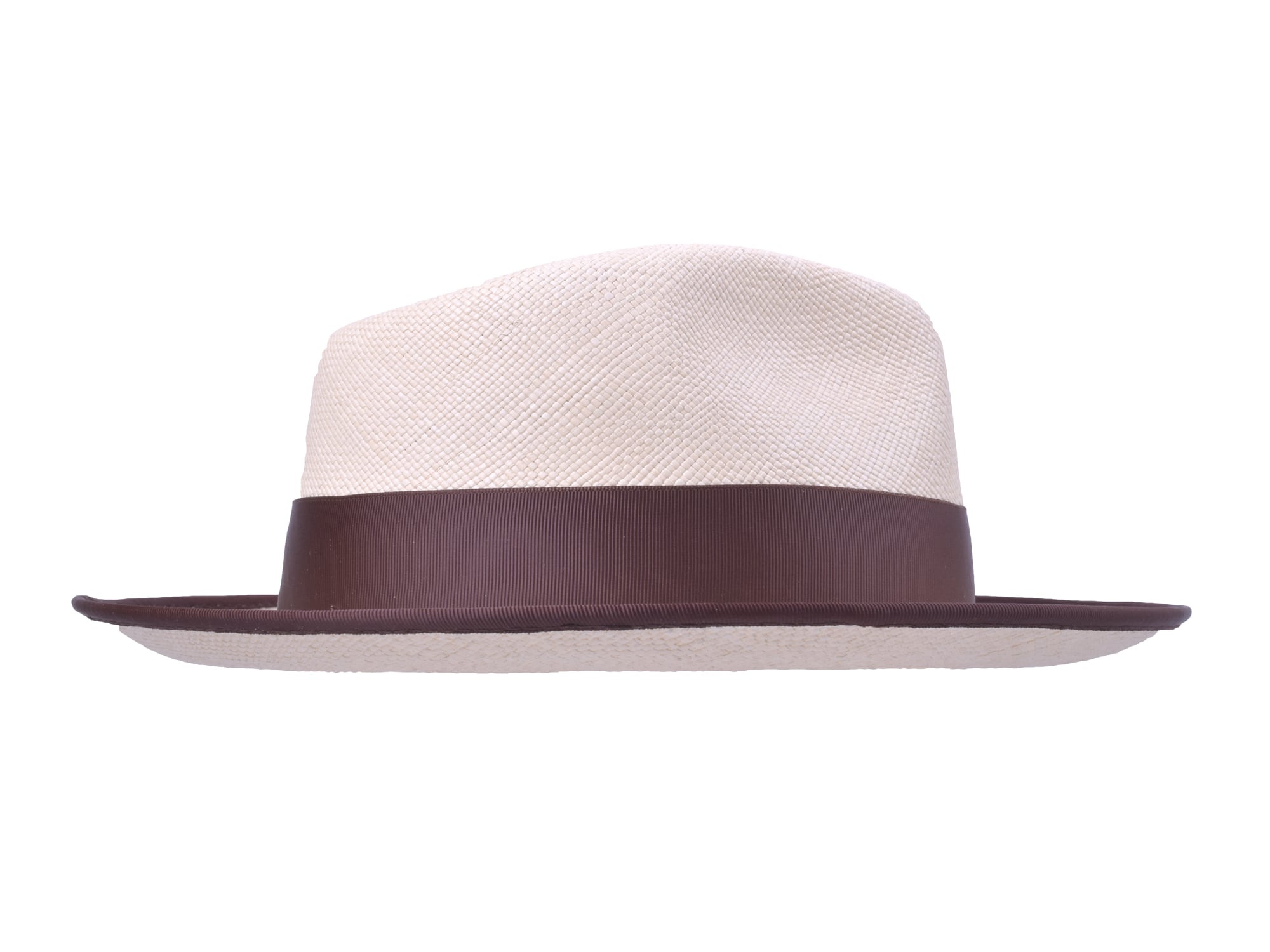 White fedora hat with a brown band on a white background