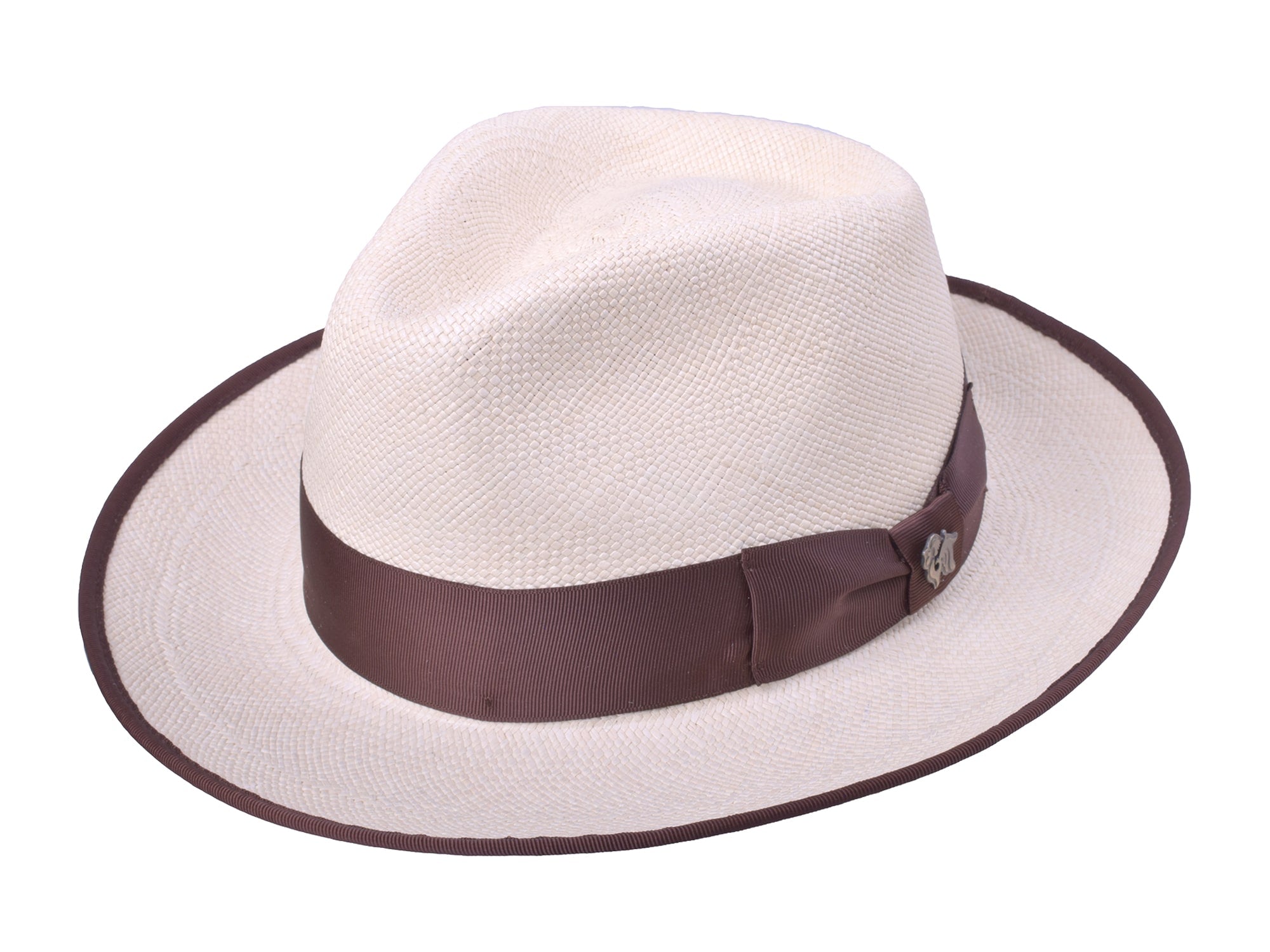 White straw hat with a brown band on a white background