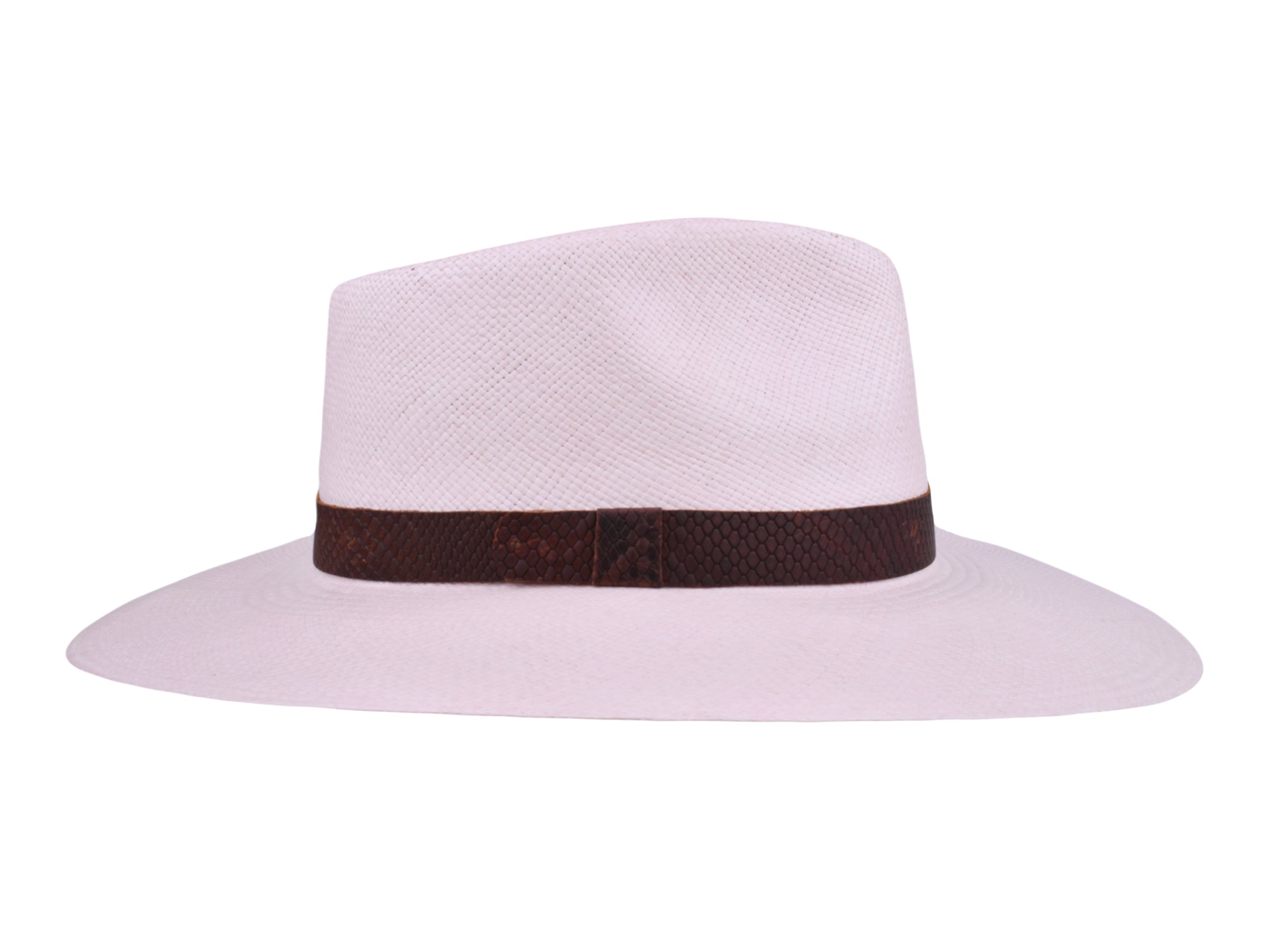 Pink fedora hat with a brown band on a white background