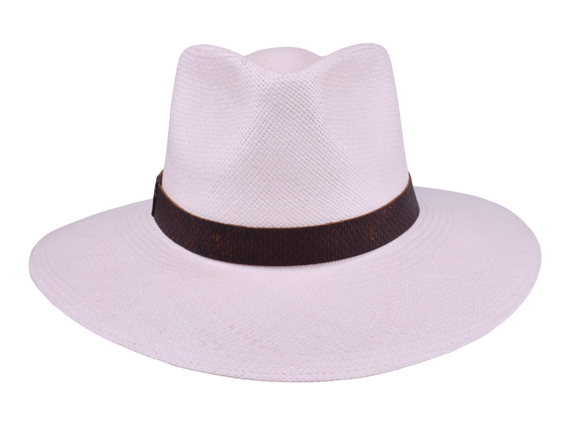 White straw hat with a brown band on a white background