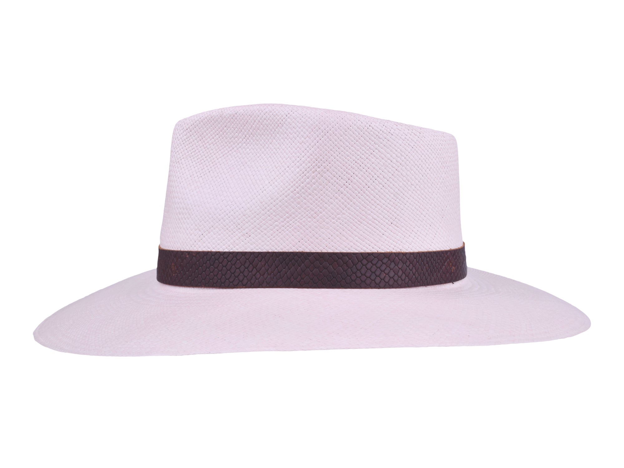 White straw hat with a black band on a white background