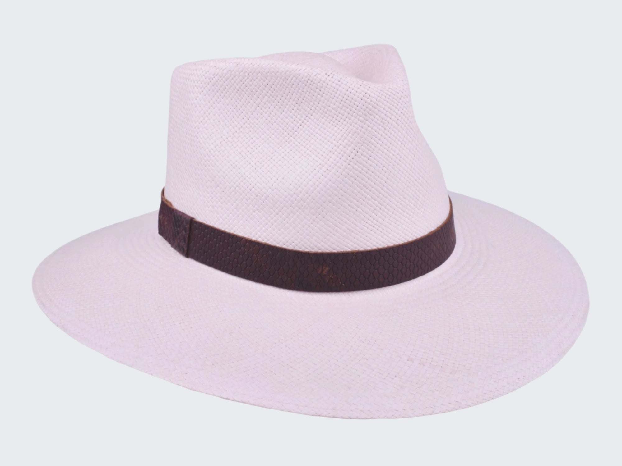 White fedora hat with a brown band on a white background