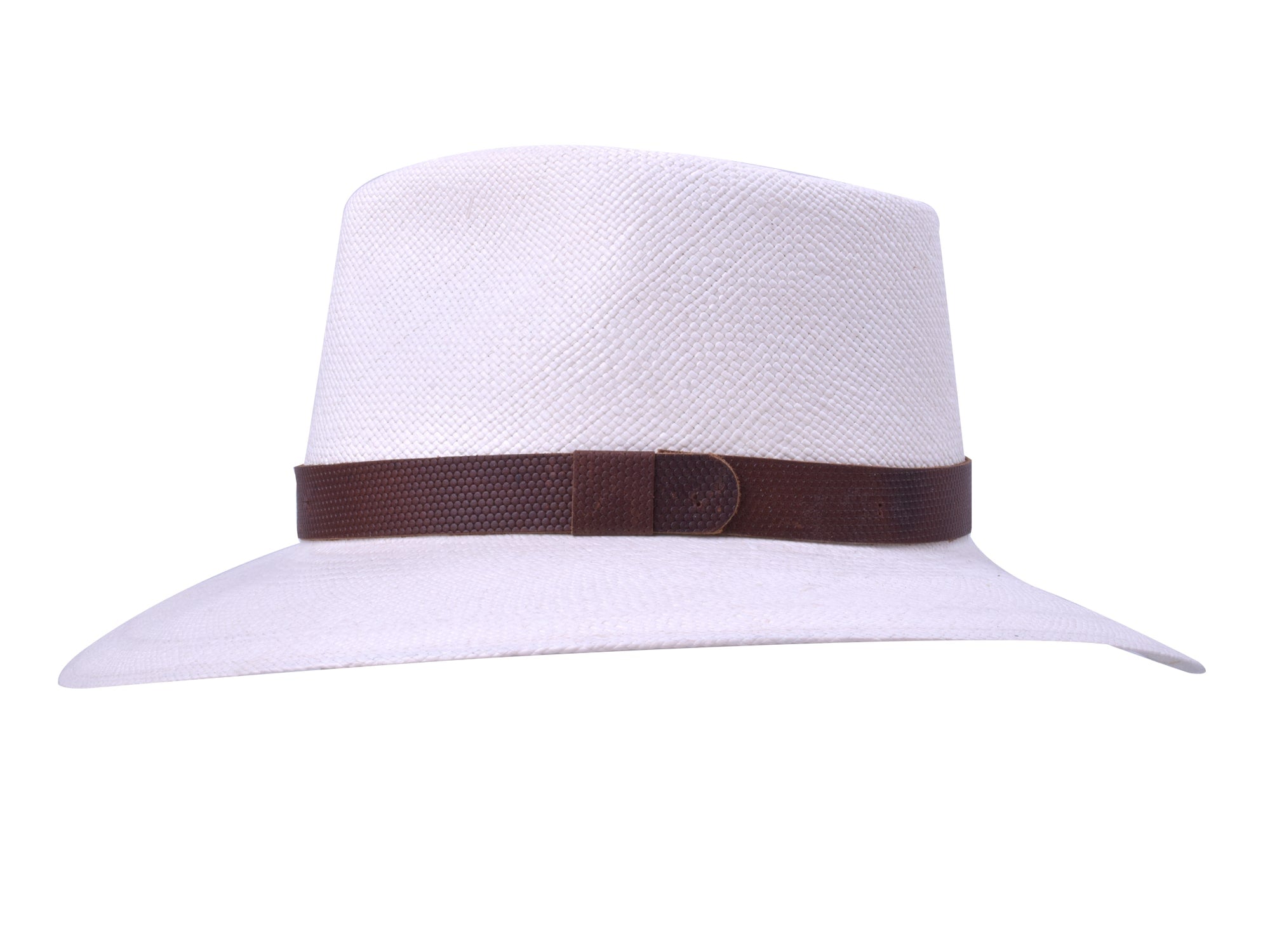 White straw hat with a brown band on a white background
