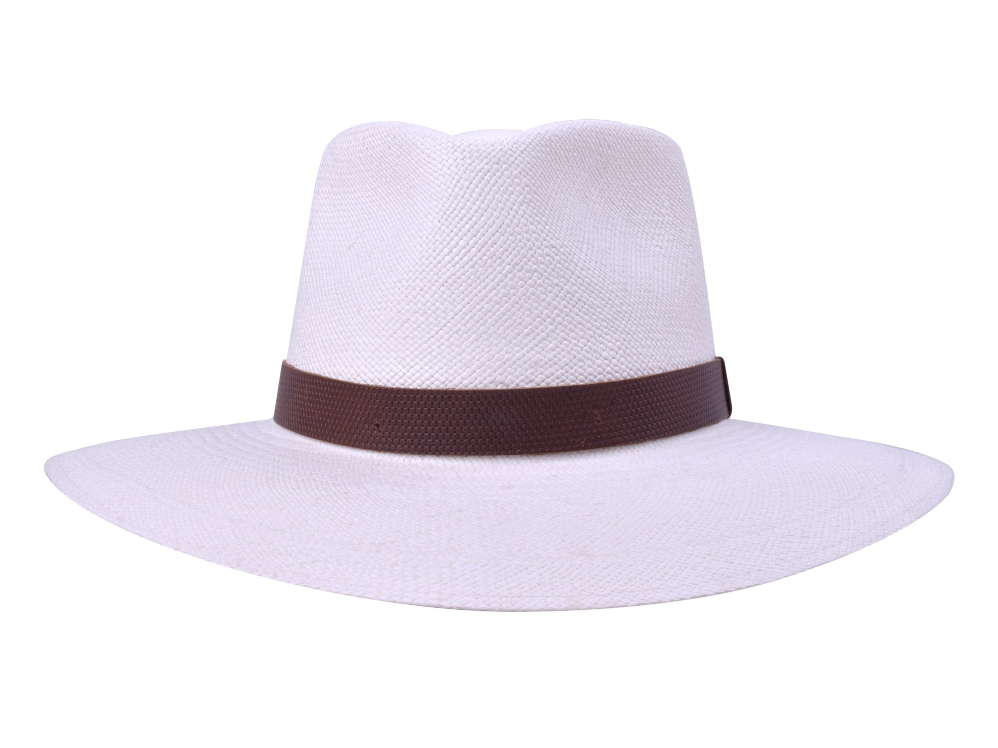 White straw hat with a brown band on a white background
