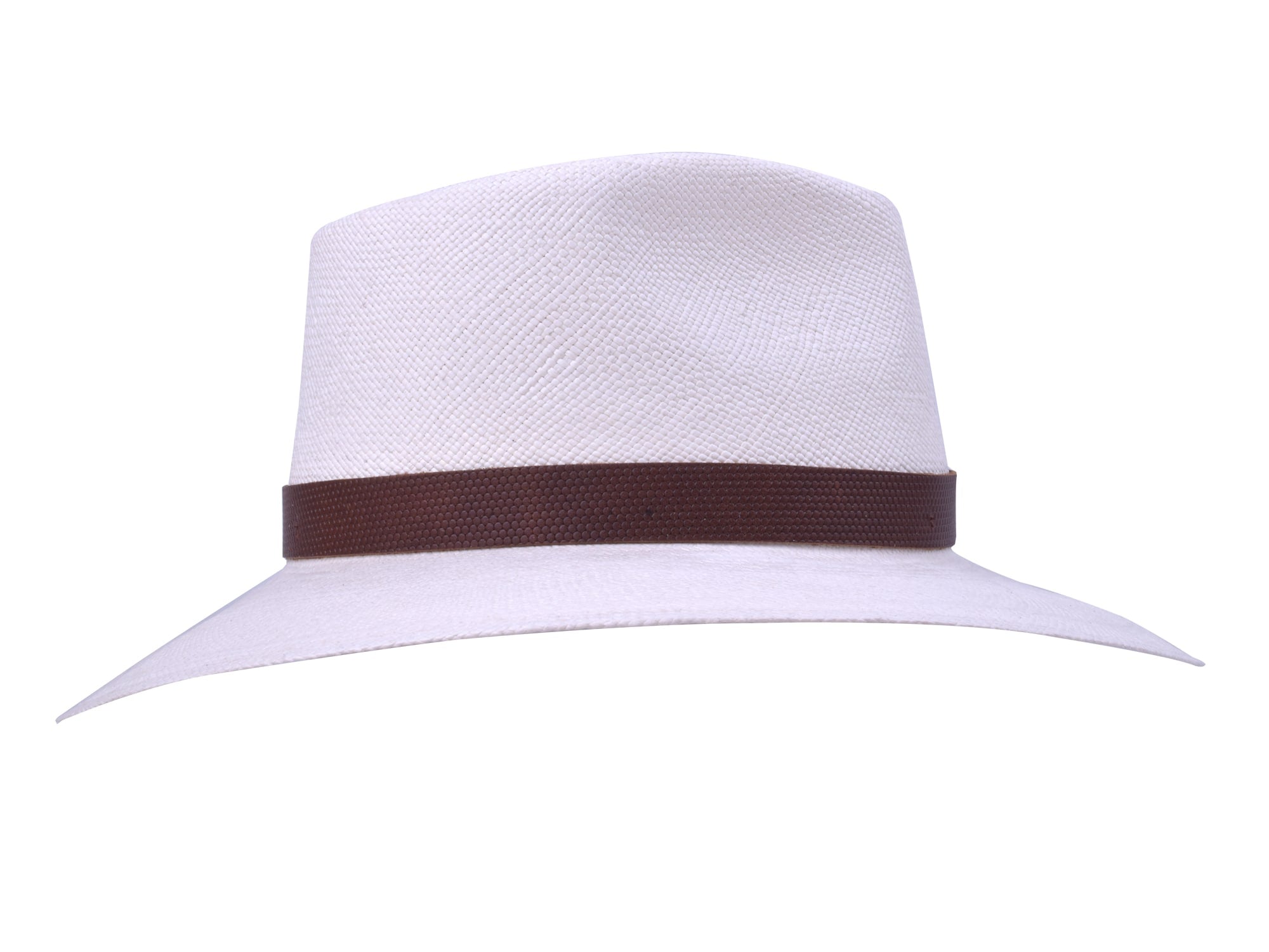 White straw hat with a brown band on a white background