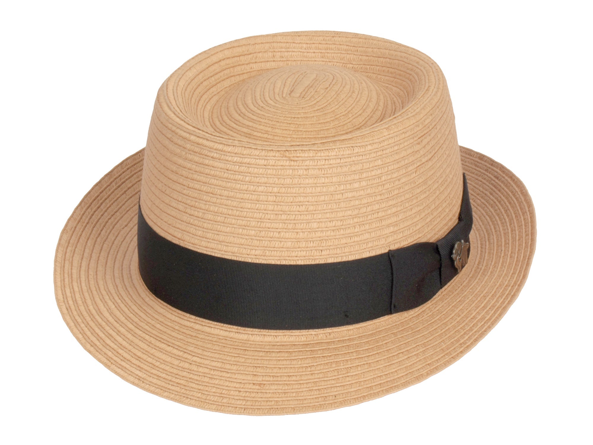Beige straw hat with a black band on a white background