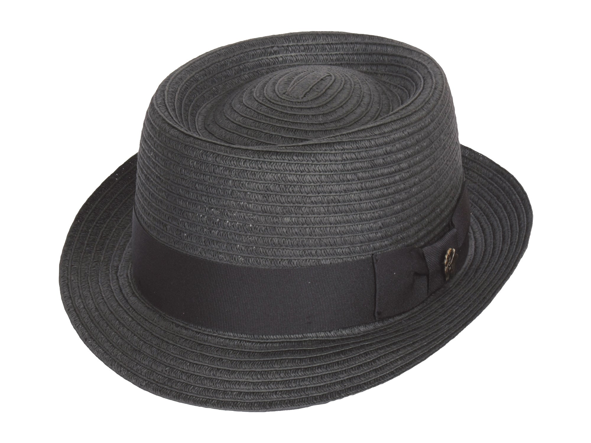 Black straw hat with a band on a white background