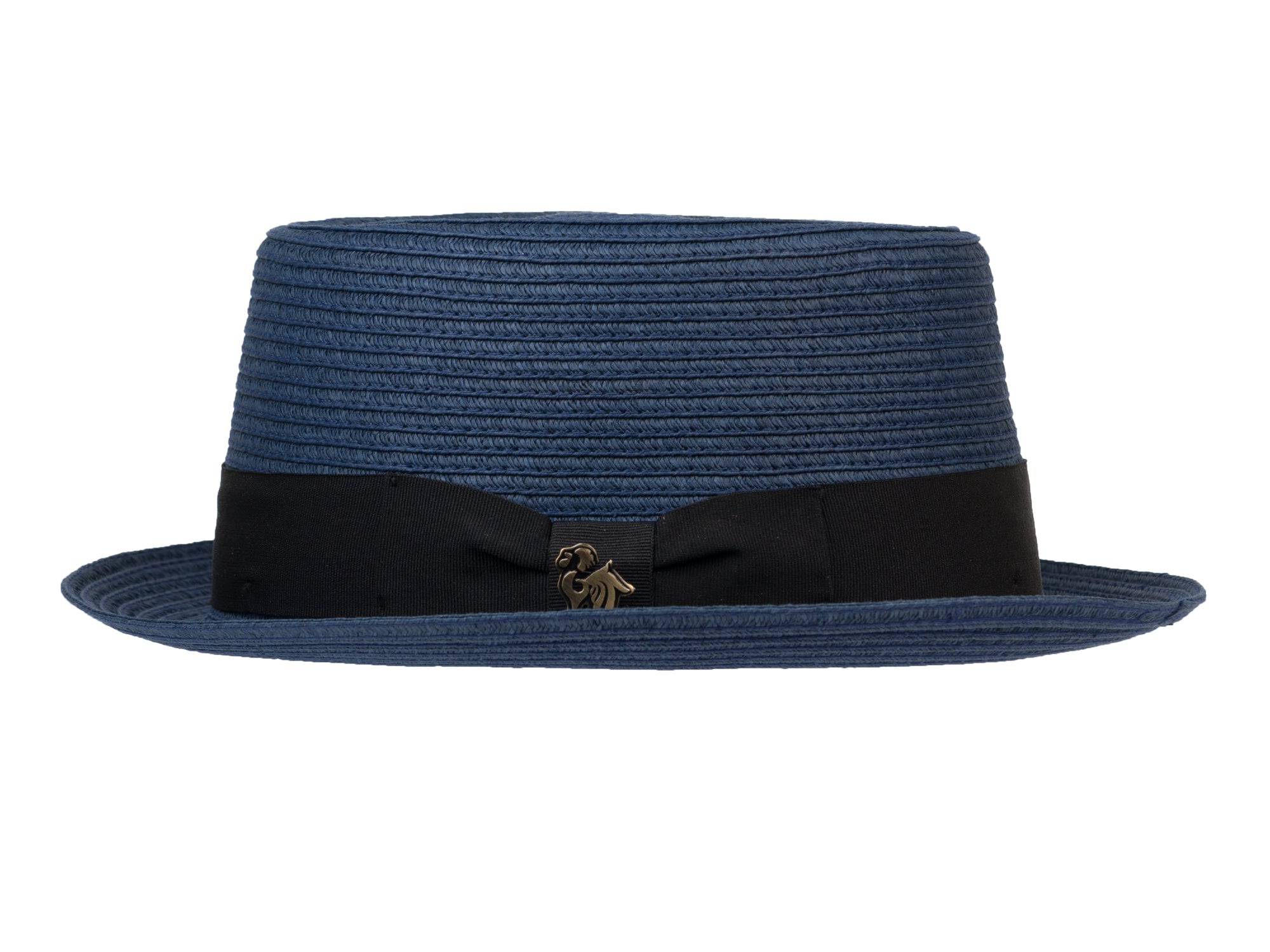 Blue straw hat with a black band on a white background
