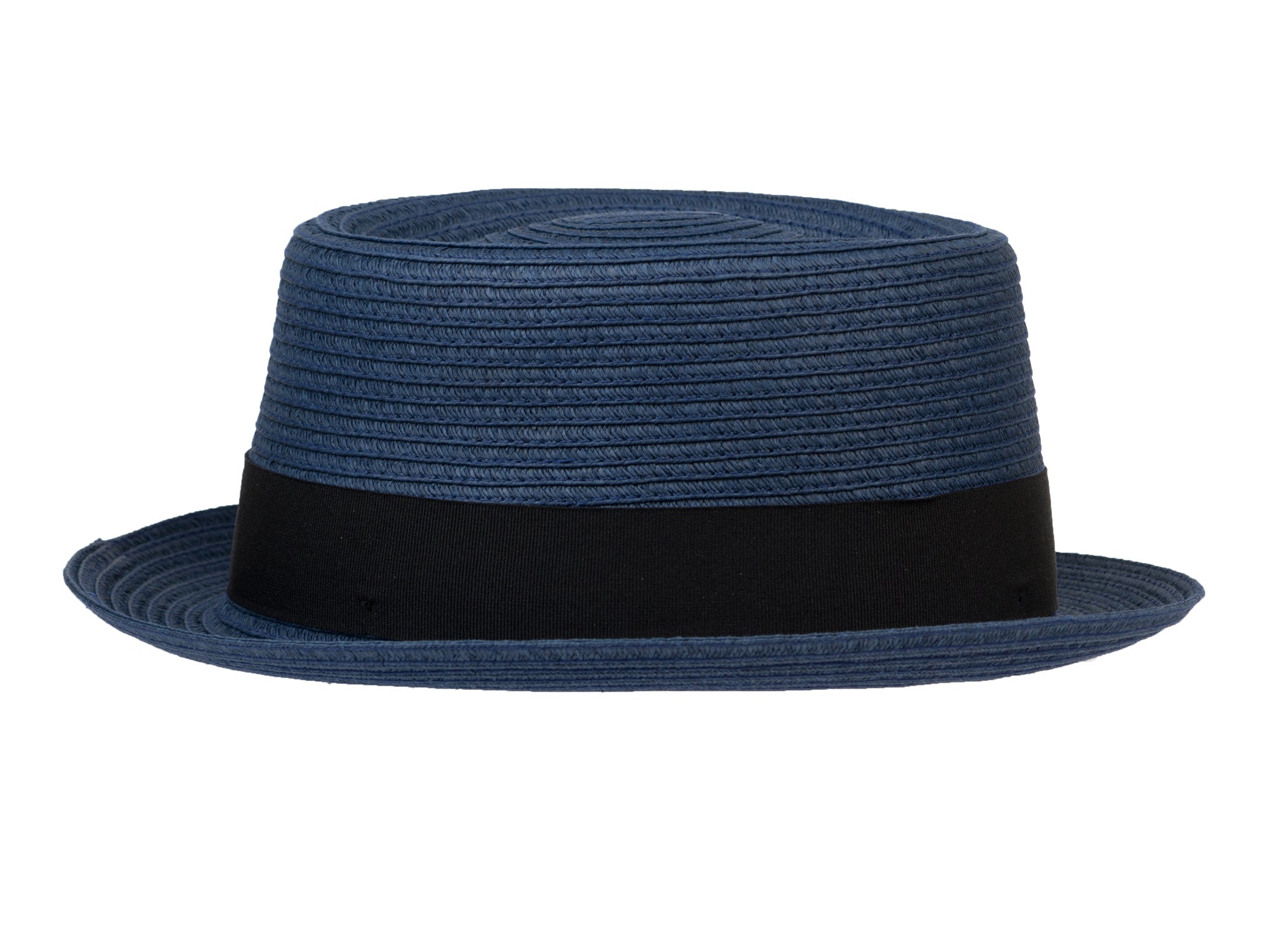 Blue straw hat with a black band on a white background