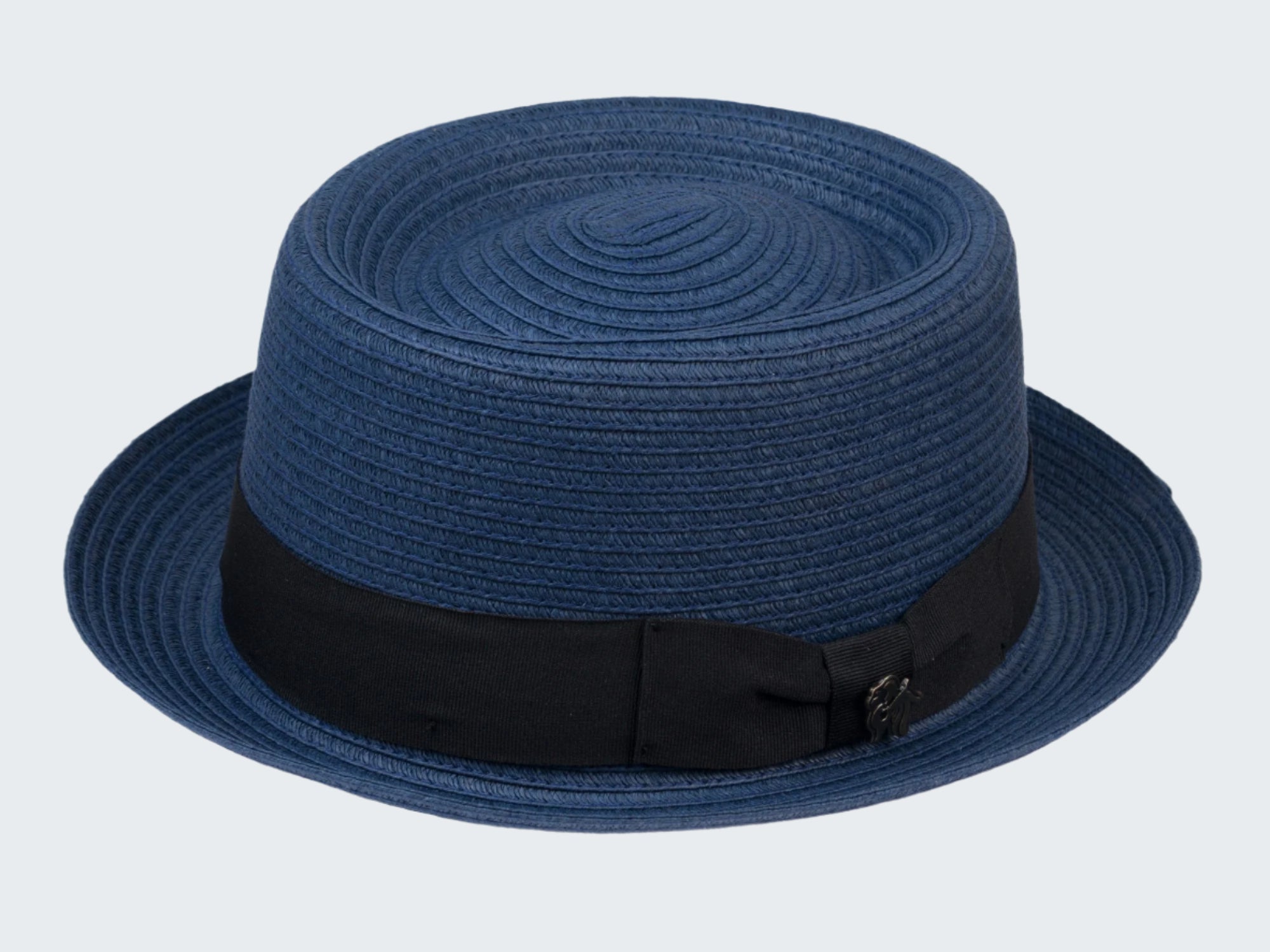 Blue straw hat with a black band on a white background