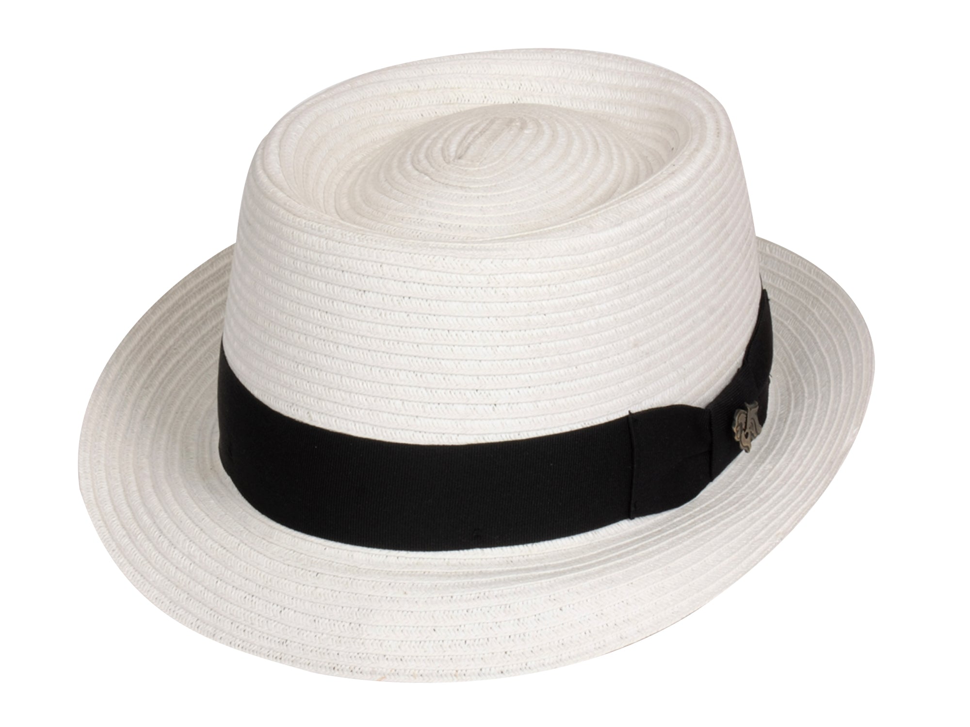 White straw hat with a black band on a white background